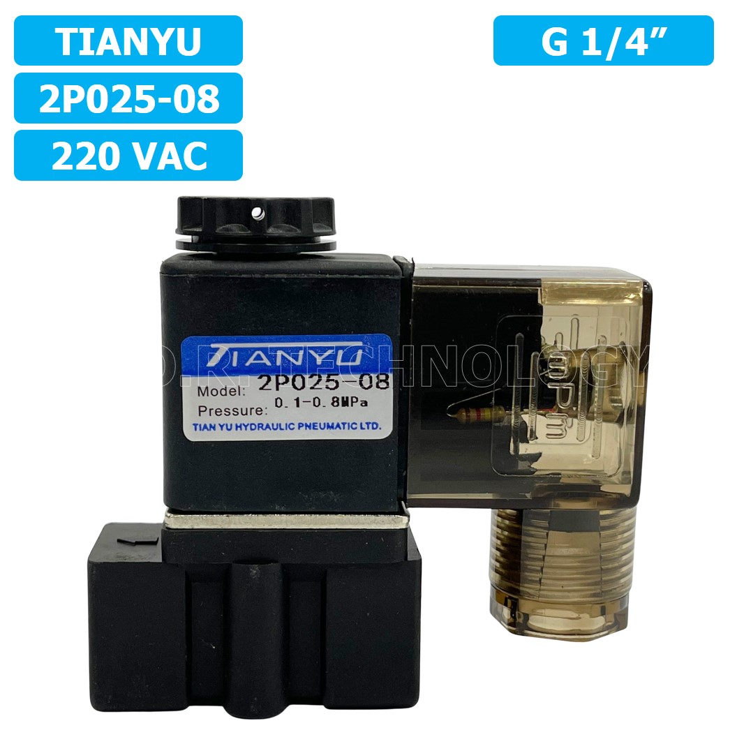 (1ชิ้น) 2P025-08 220VAC โซลินอยด์วาล์ว พลาสติก 2/2 Way Single Coil Solenoid Valve Pneumatic TIANYU โซลินอยด์ลม วาล์วลม