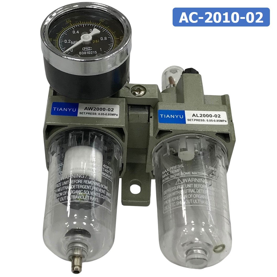 AC2010-02 ชุดกรองลมแบบ 2 ตอน Manual Drain FRL 2 Unit Combination Air Filter, Regulator & Lubricator TIANYU AC-2010-02