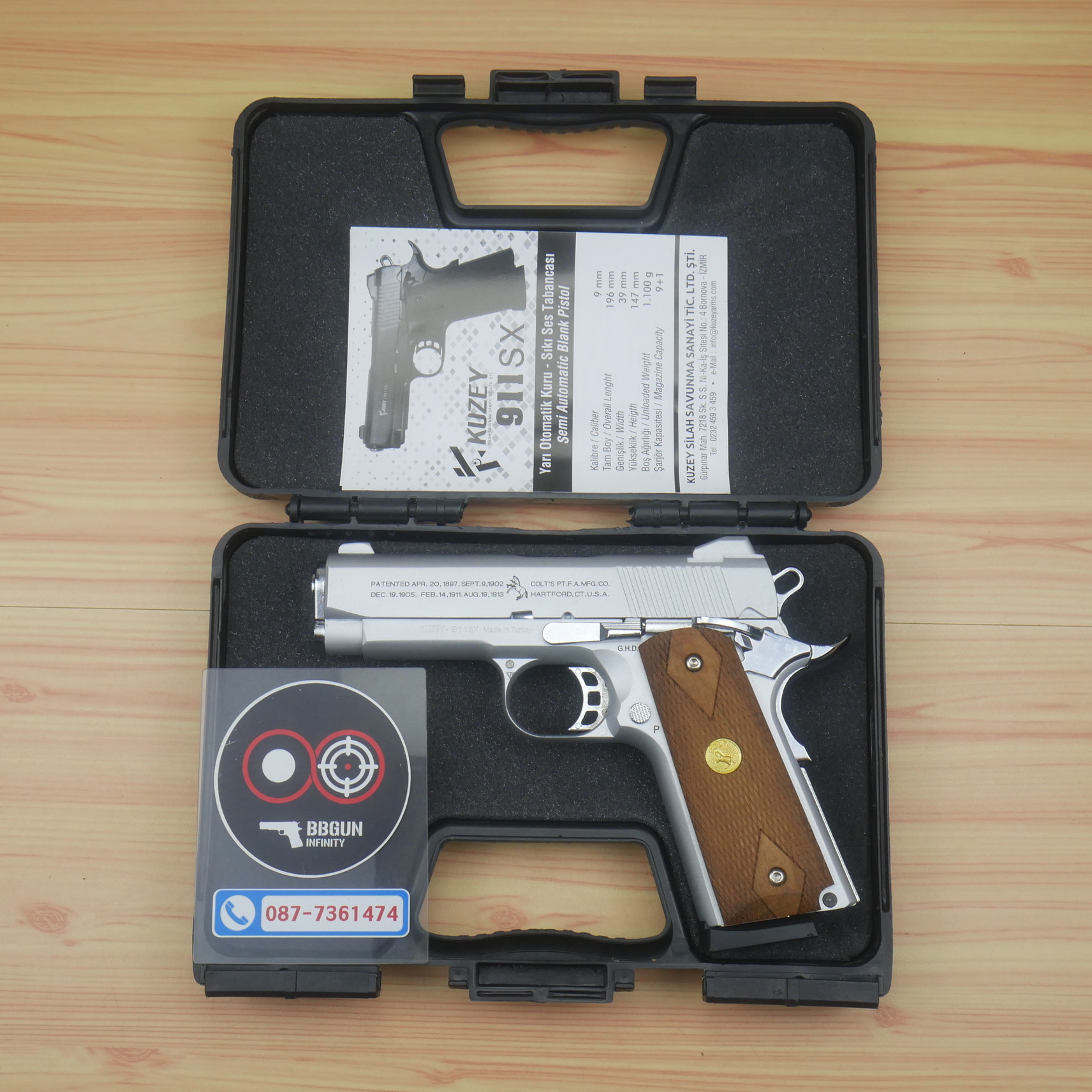 Blank Gun KUZEY M1911 COLT'S 100 ปี สีเงินด้าน 4 นิ้ว แบลงค์กัน ด้ามไม้