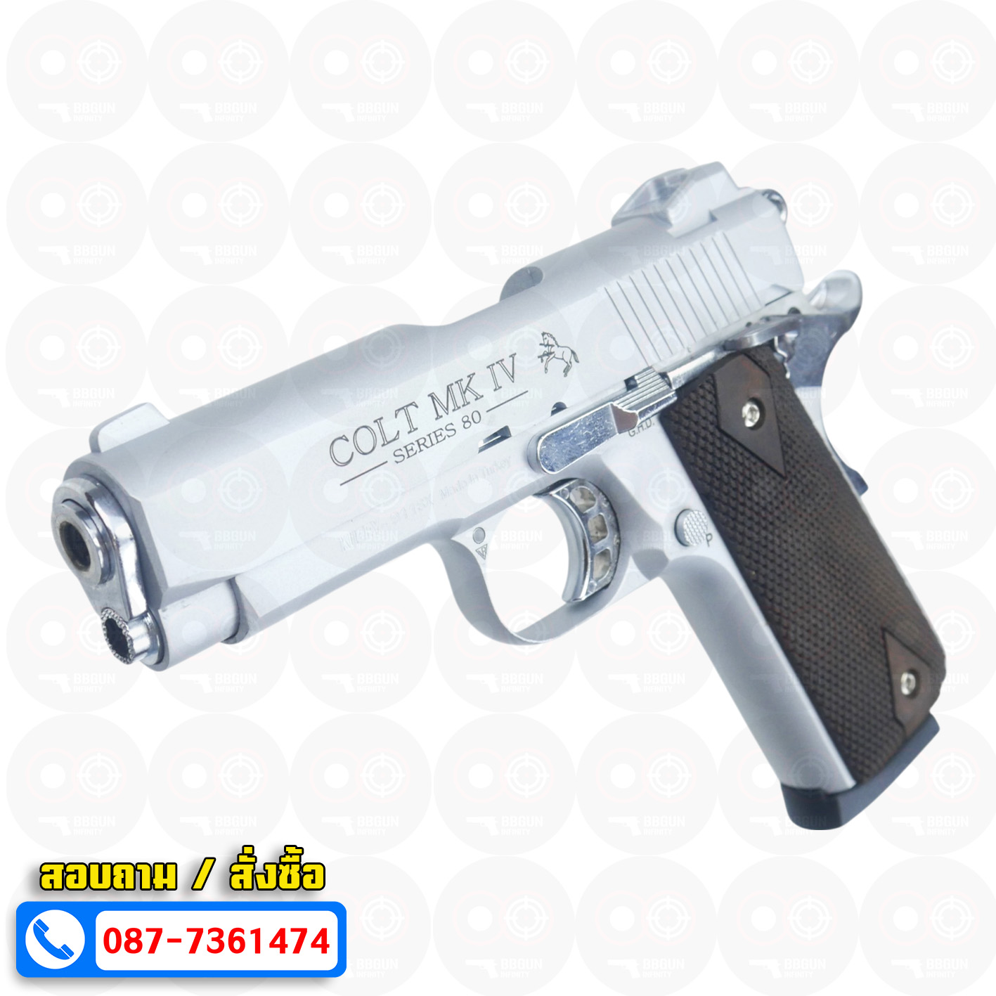 แบลงค์กัน KUZEY M1911 COLT MK IV SERIES 80 สีเงินด้าน 4 นิ้ว ด้ามไม้ Blank Gun
