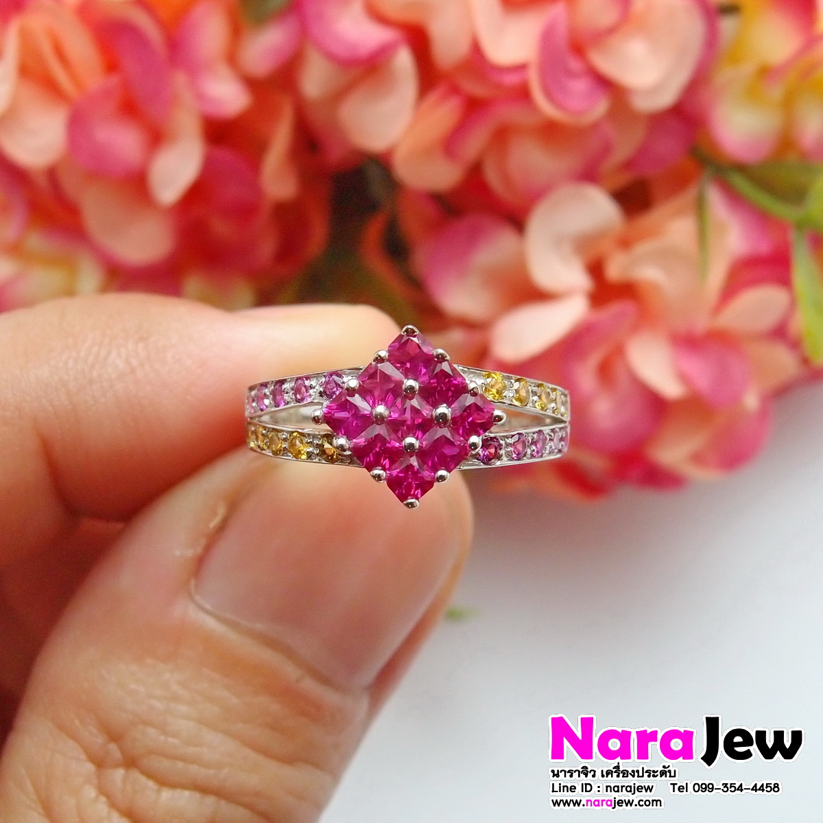 แหวนพิงค์แซฟไฟร์ Pink sapphire ประดับพลอยบุษราคัม แบบแหวนหน้ากว้างใส่เต็มนิ้ว