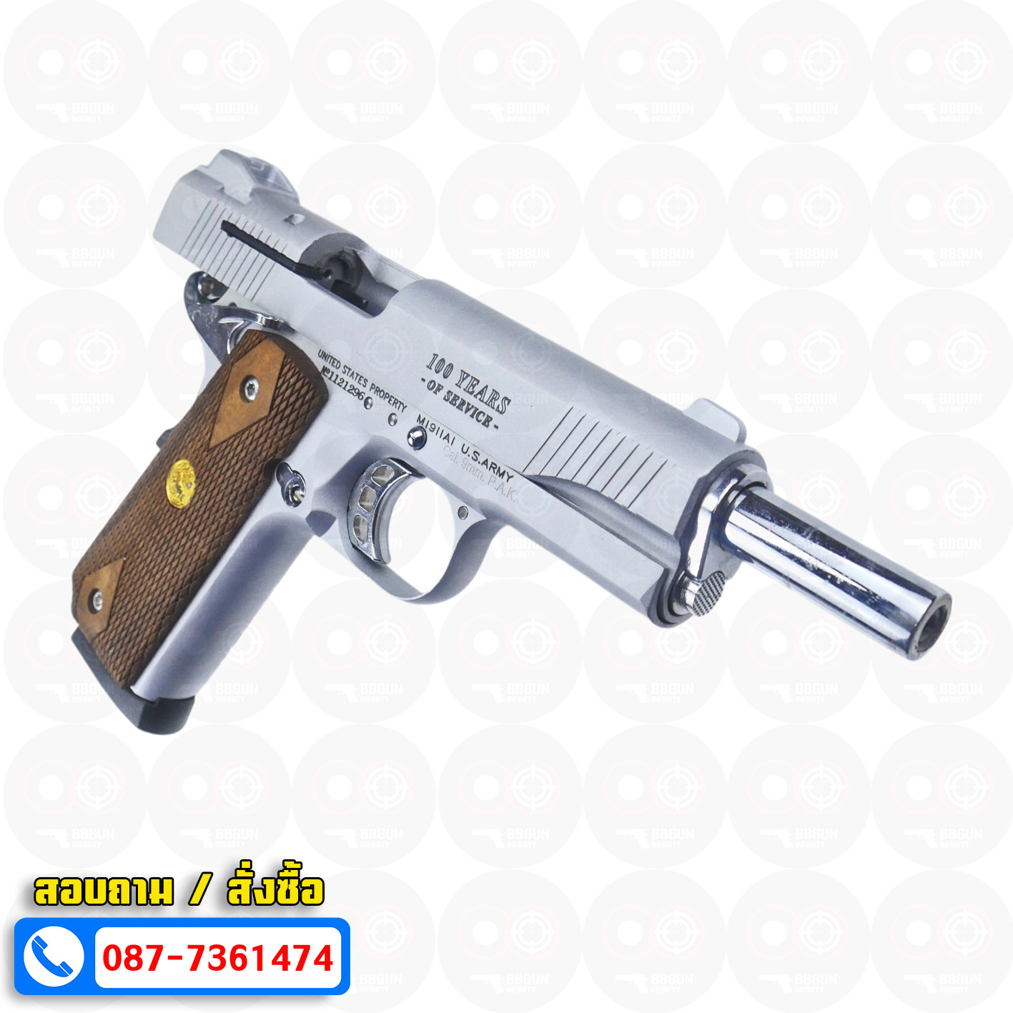 แบลงค์กัน KUZEY M1911 ลำกล้อง 5 นิ้ว COLT GOVERMENT 100 Year สีเงินด้าน blank gun ด้ามไม้ (แถมกล่องใส่ปืน)