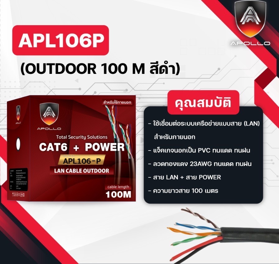 Apollo สายLAN CAT6 UTP รุ่น APL106P Lan + Power Line 100M
