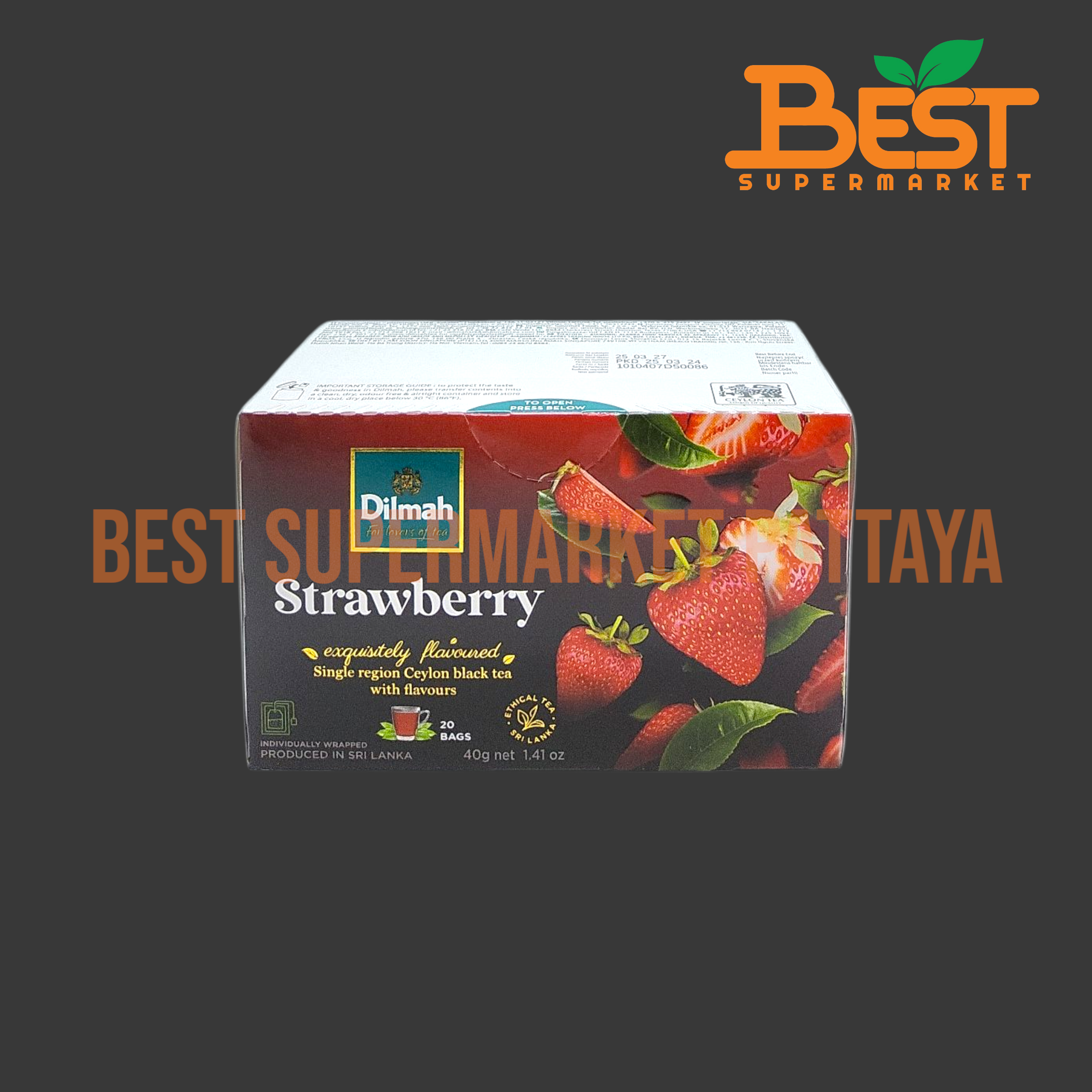 ดิลมา ชาดำซีลอน กลิ่นสตรอเบอร์รี่ 20 ซอง x 2 กรัม. Dilmah Strawberry Flavoured Ceylon black tea .20 bags x 2 g.