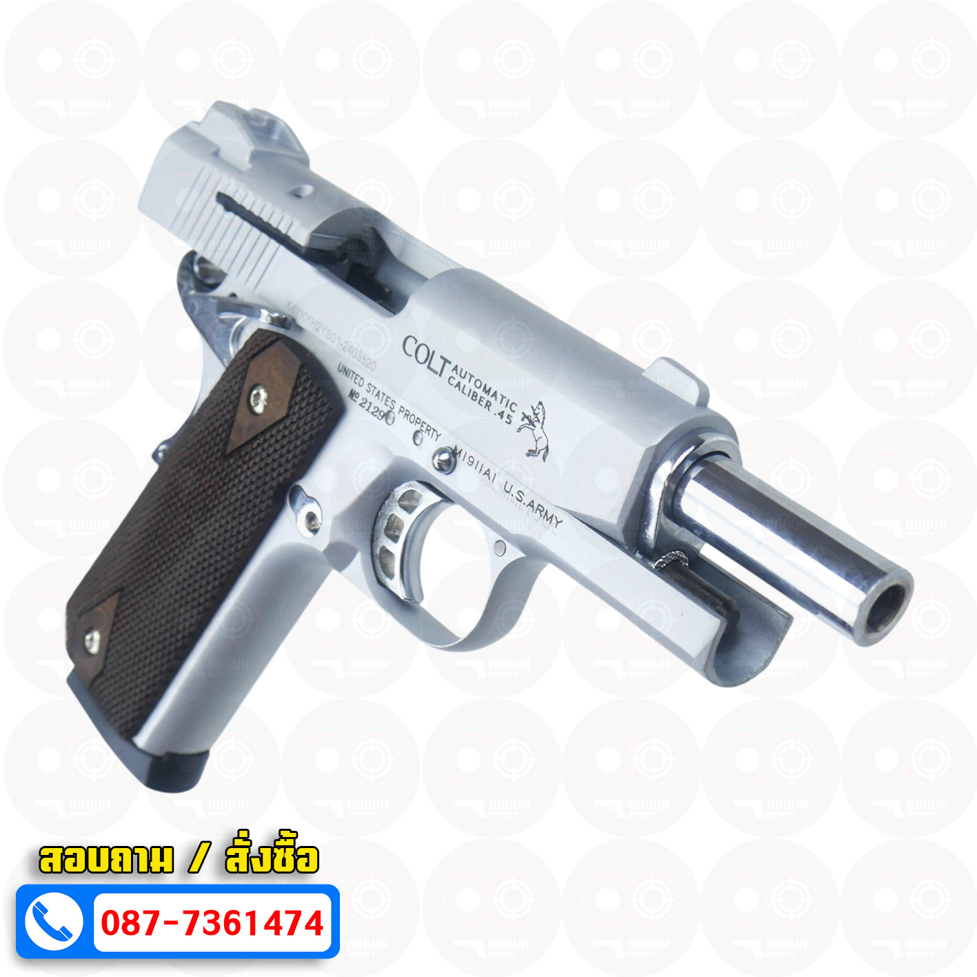 แบลงค์กัน KUZEY M1911 COLT MK IV SERIES 80 สีเงินด้าน 4 นิ้ว ด้ามไม้ Blank Gun