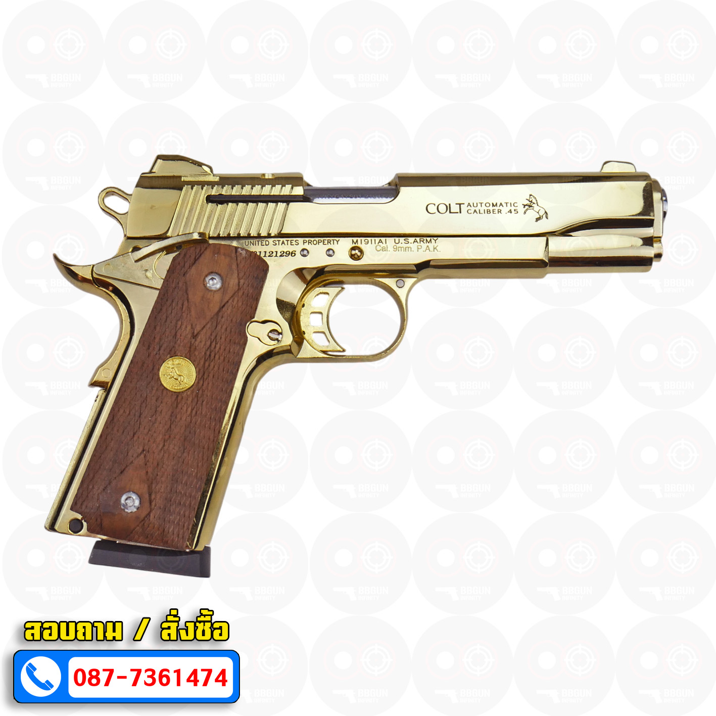 แบลงค์กัน KUZEY M1911 ลำ 5 นิ้ว COLT'S MK IV SERIES'70 blank gun สีทอง ด้ามไม้