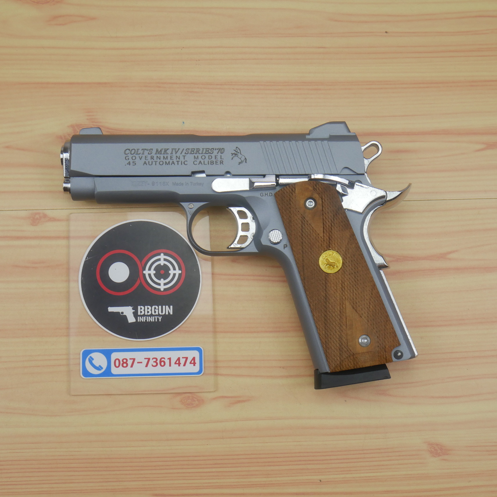 แบลงค์กัน KUZEY M1911 COLT'S MK IV SERIES'70 สีสโม๊ค 4 นิ้ว (smoke) ด้ามไม้ blank gun