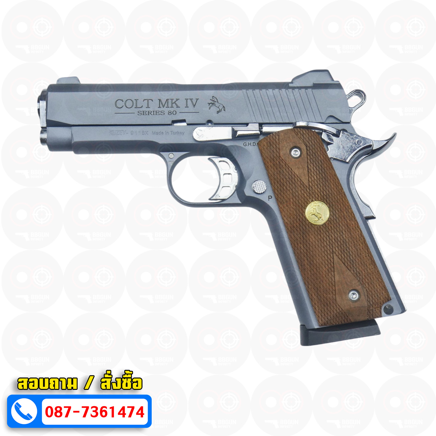 แบลงค์กัน KUZEY M1911 COLT MK IV SERIES 80 Smoke 4 นิ้ว สีสโมค ด้ามไม้ Blank Gun