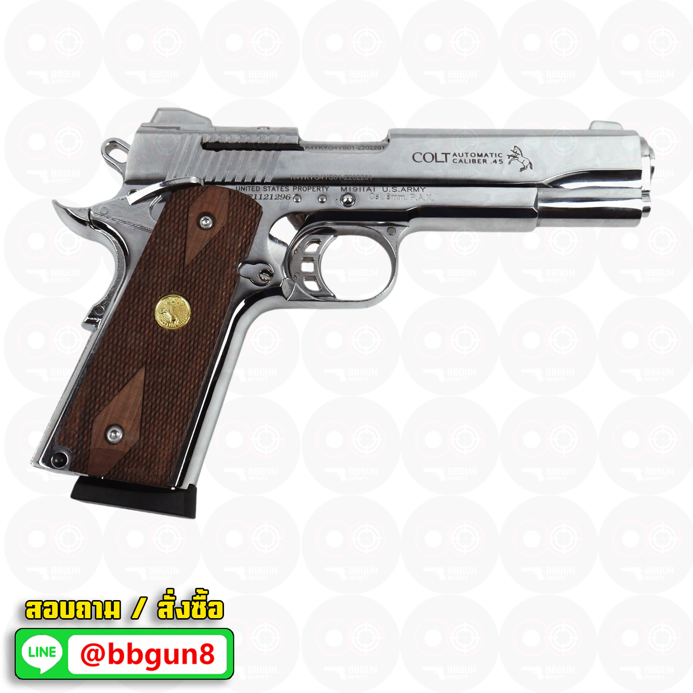 Blank Gun KUZEY M1911 COLT'S DEFENDER SERIES 90 ลำกล้อง 5 นิ้ว เงินเงา แบลงค์กัน ด้ามไม้