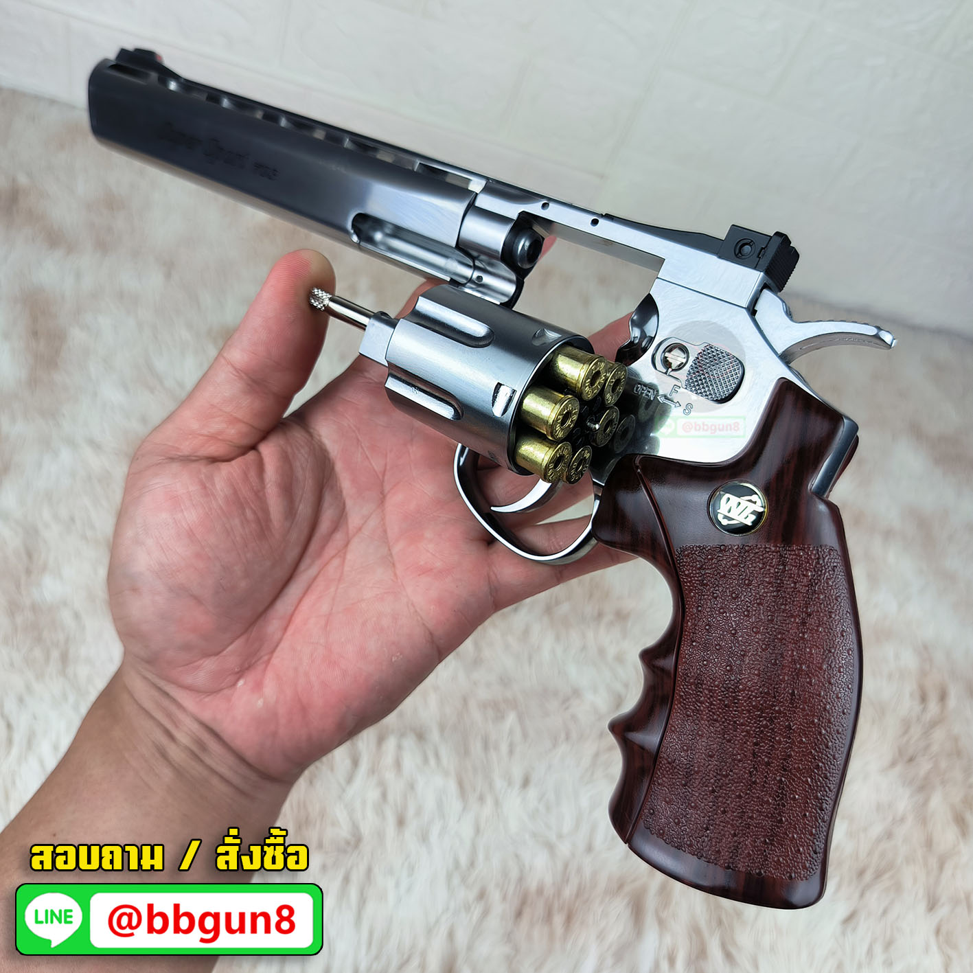 บีบีกันลูกโม่ WinGun 703S ลำกล้อง 8 นิ้ว Co2 Revolver (Silver) (กริปน้ำตาล)