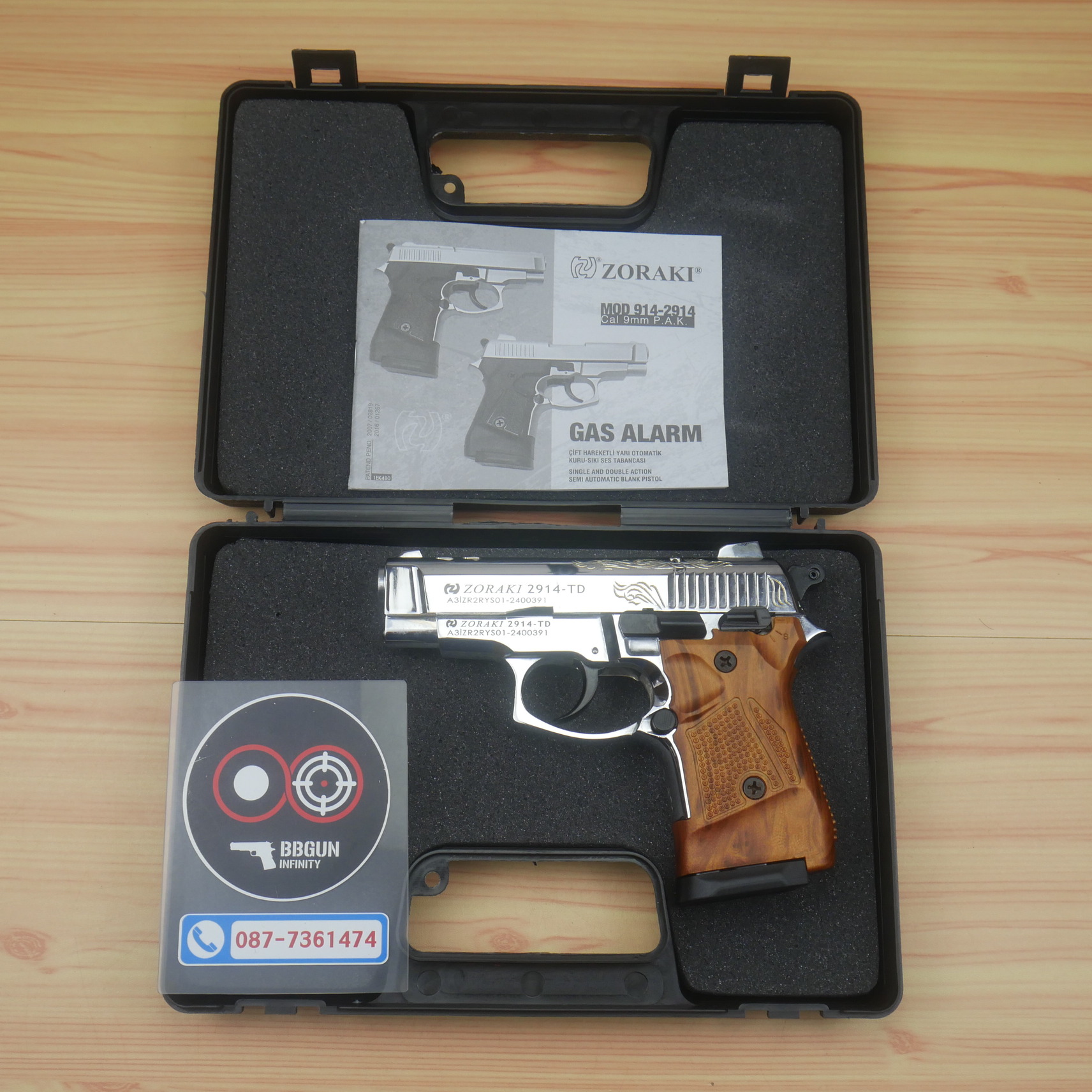 ปืนแบลงค์กัน Zoraki 2914-TD สีเงินเงาแกะลาย ด้ามลายไม้ 9mm P.A.K. Blank gun (แถมกล่องใส่ปืน)