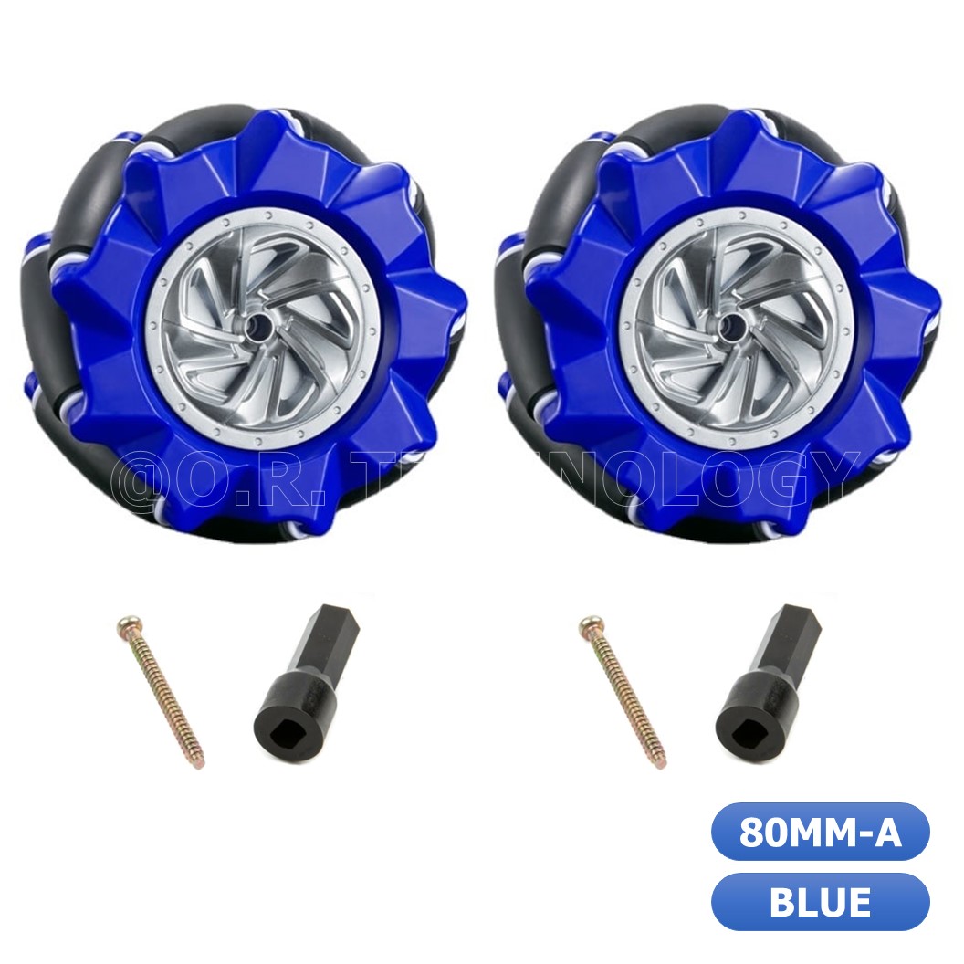 (1ชุด มี 2ล้อ-ซ้าย,ขวา) AD152+ZA311 ชุดล้อ แมคคานัม ล้อหมุนรอบทิศทาง ขนาด 80MM-A สีน้ำเงิน (พร้อมแกนล้อ ขนาด 6.7mm) Blue Mecanum Wheel 80MM-A Compatible with 6.7mm couplings