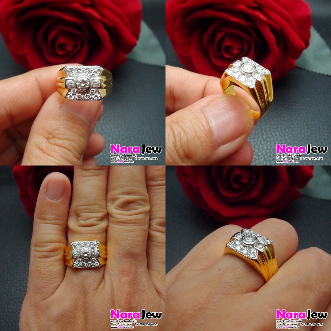 แหวนเพชรชาย เพชรแท้เม็ดกลาง 30 ตัง ล้อมเพชรแท้ 60 ตัง แบบแหวนหน้ากว้าง สวมใส่แล้วดูภูมิฐาน