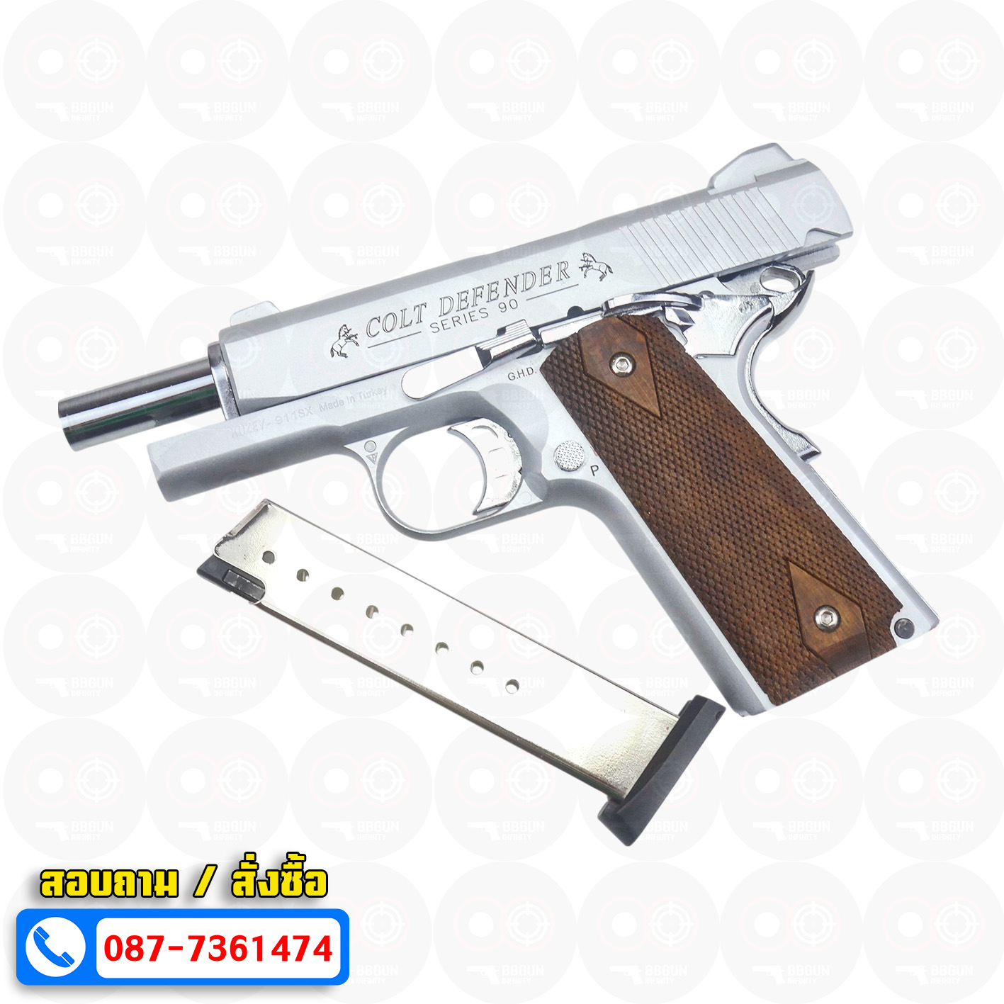 แบลงค์กัน KUZEY M1911 COLT'S DEFENDER SERIES 90 สีเงินด้าน 4 นิ้ว ด้ามไม้ Blank Gun