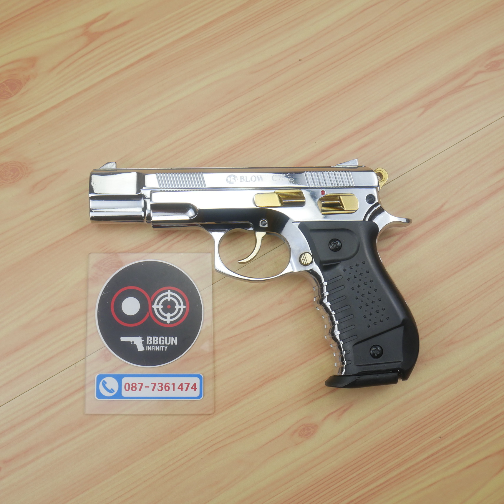 แบลงค์กัน BLOW CZ75 เงินเงาทอง SHINY CHROME GOLDEN PARTS Blank Gun ( 2 แม็กกาซีน + กล่องปืน )