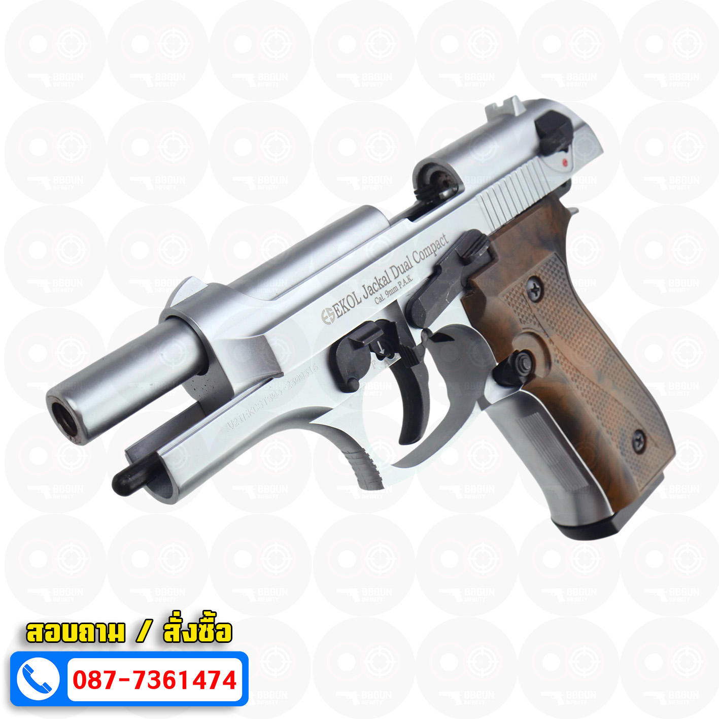 EKOL Jackal Dual Compact M92 4" (Full Auto) สีเงินด้าน แบลงค์กันบาเร็ตต้า 9 mm.P.A.K. (ฟูลออโต้) (แถมกล่องใส่ปืน แม็กกาซีน 2 อัน) blank gun