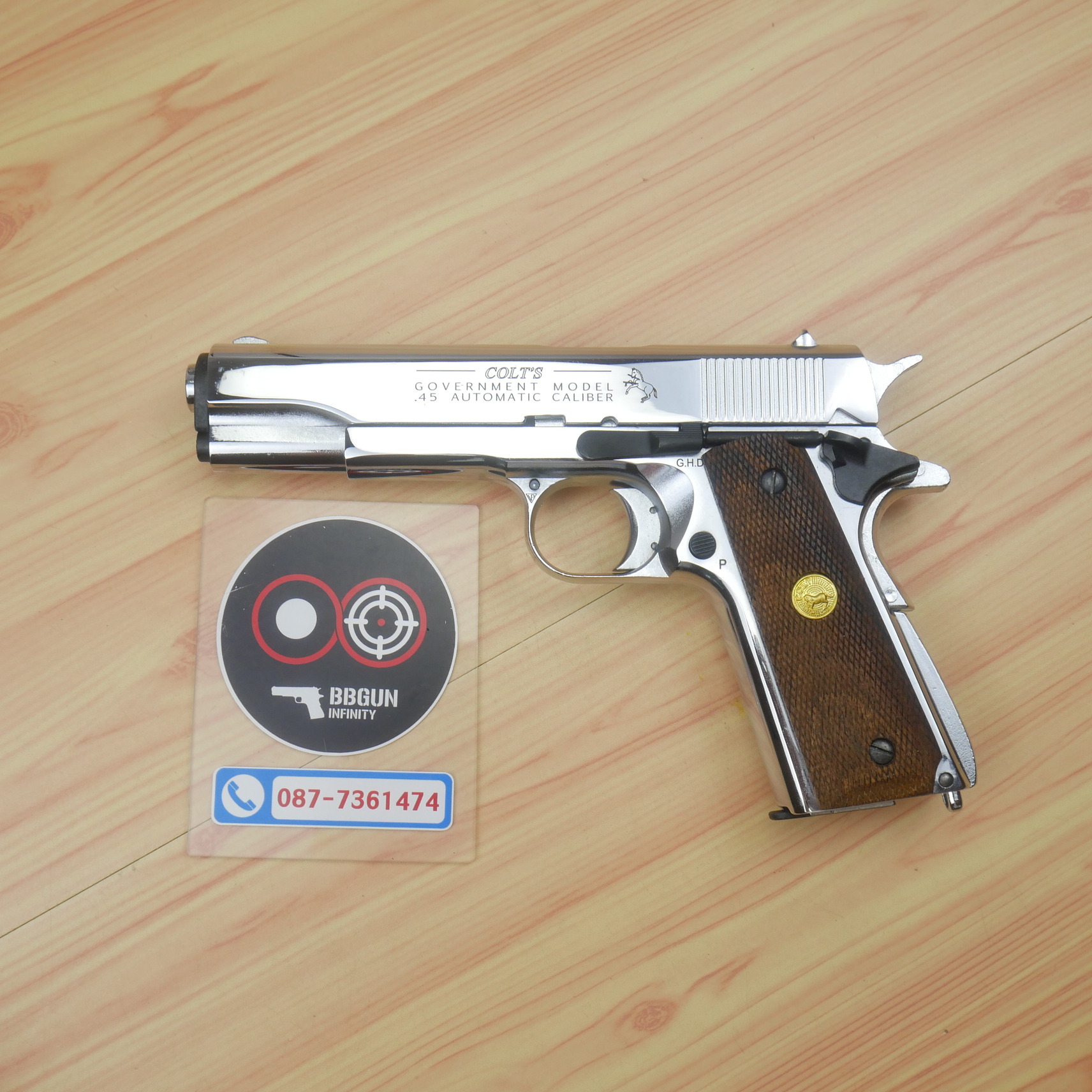 แบลงค์กัน AKSA Colt's Government Model .45 Automatic Caliber 100 Years สีเงินเงา กริปไม้ (2 แม็กกาซีน) BLANK GUN