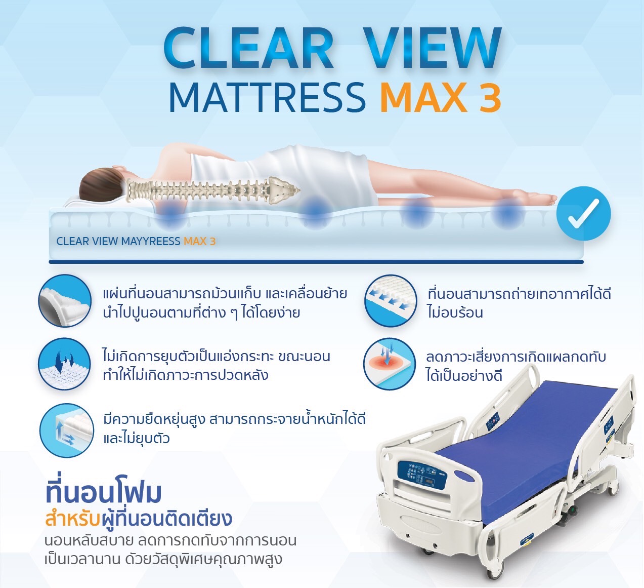 ที่นอนโฟมป้องกันแผลกดทับโฟม 3 ชั้นป้องกันสมบูรณ์แบบที่สุด Clearview Mattress Max3