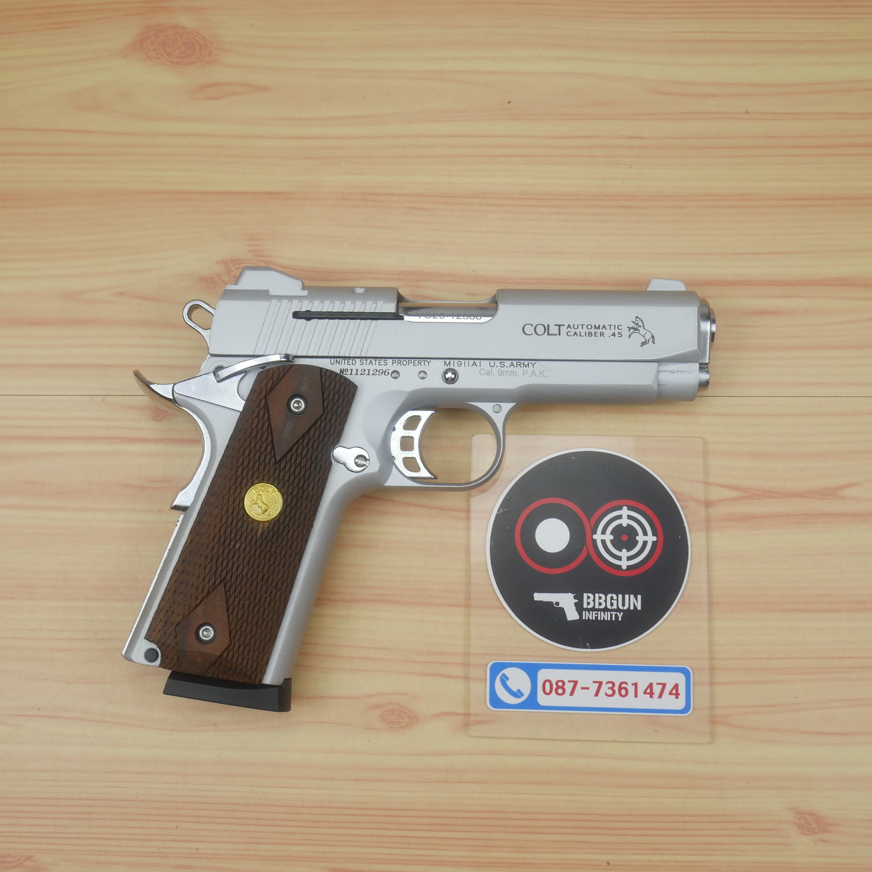 แบลงค์กัน KUZEY M1911 Colt MK IV 80 สีเงินด้าน ลำกล้อง 4 นิ้ว blank gun ด้ามไม้