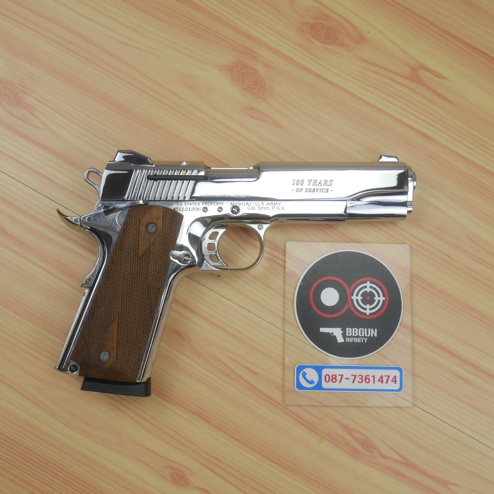 แบลงค์กัน KUZEY M1911 COLT'S 100 ปี สีเงินเงา ลำกกล้อง 5 นิ้ว blank gun ด้ามไม้