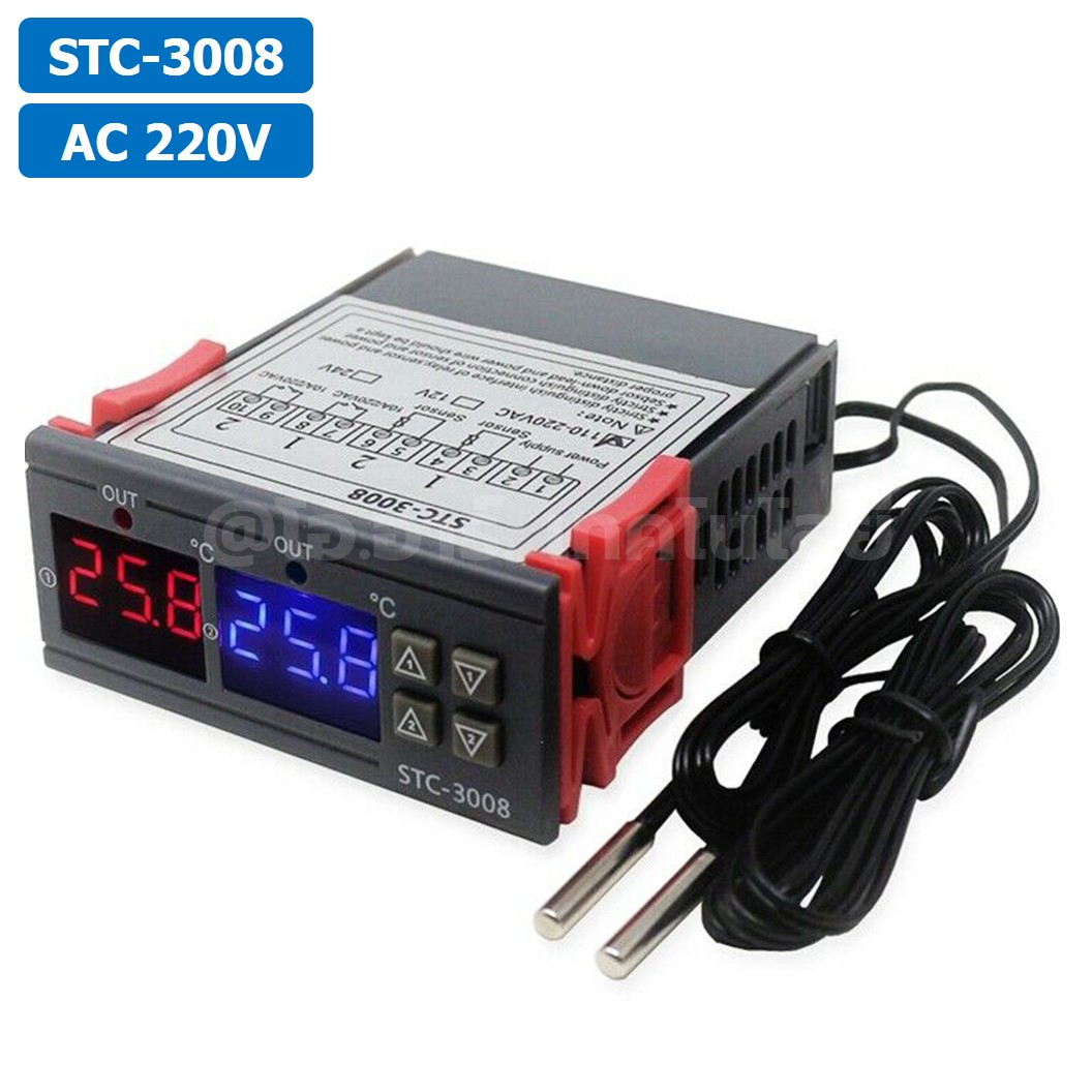 STC-3008 220VAC เครื่องควบคุมอุณหภูมิ 2ช่อง NTC Dual Digital Temperature Controller ตัวควบคุมอุณหภูมิ Control Regulator Heating/Cooling