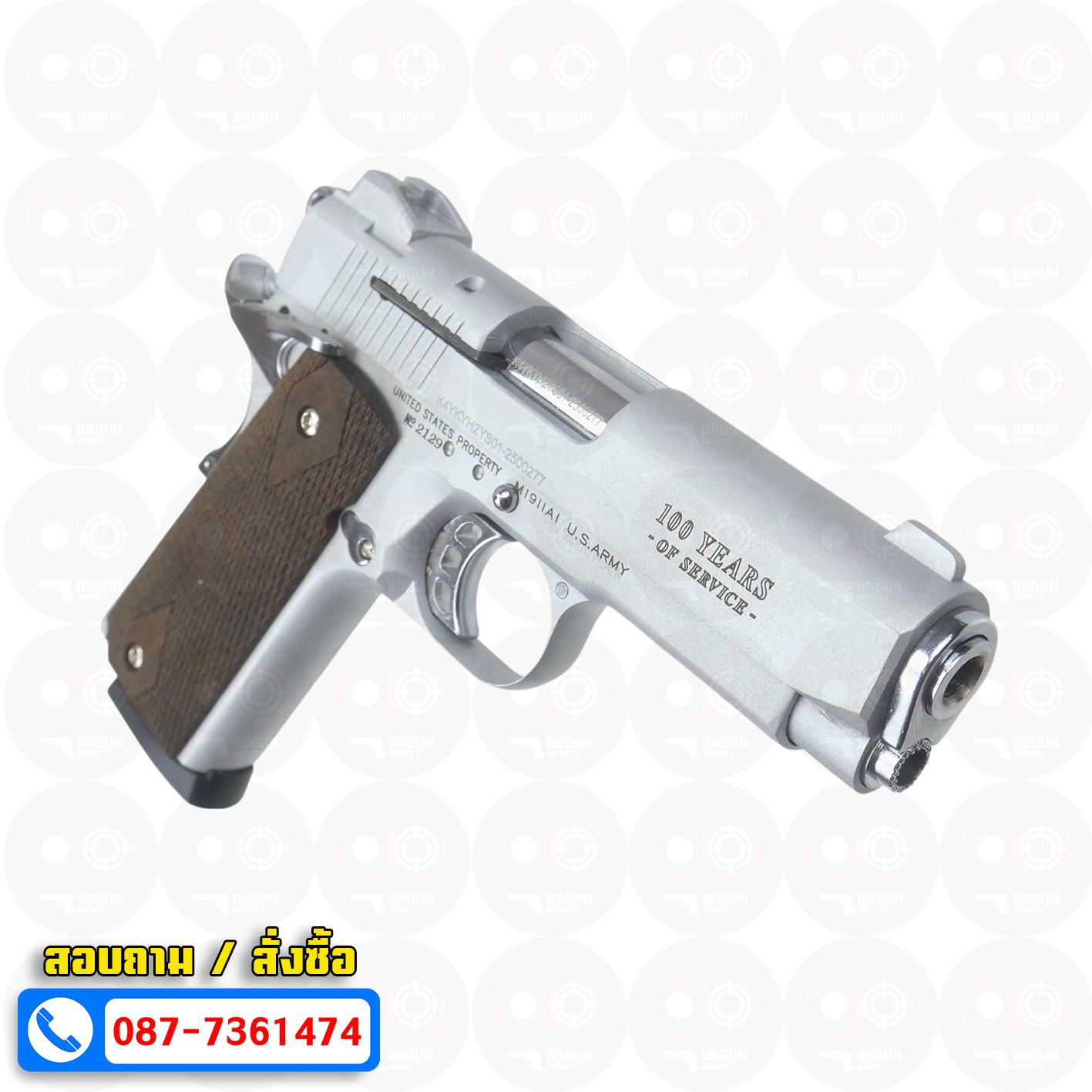 แบลงค์กัน KUZEY M1911 COLT'S 100 ปี สีเงินด้าน 4 นิ้ว ด้ามไม้ blank gun