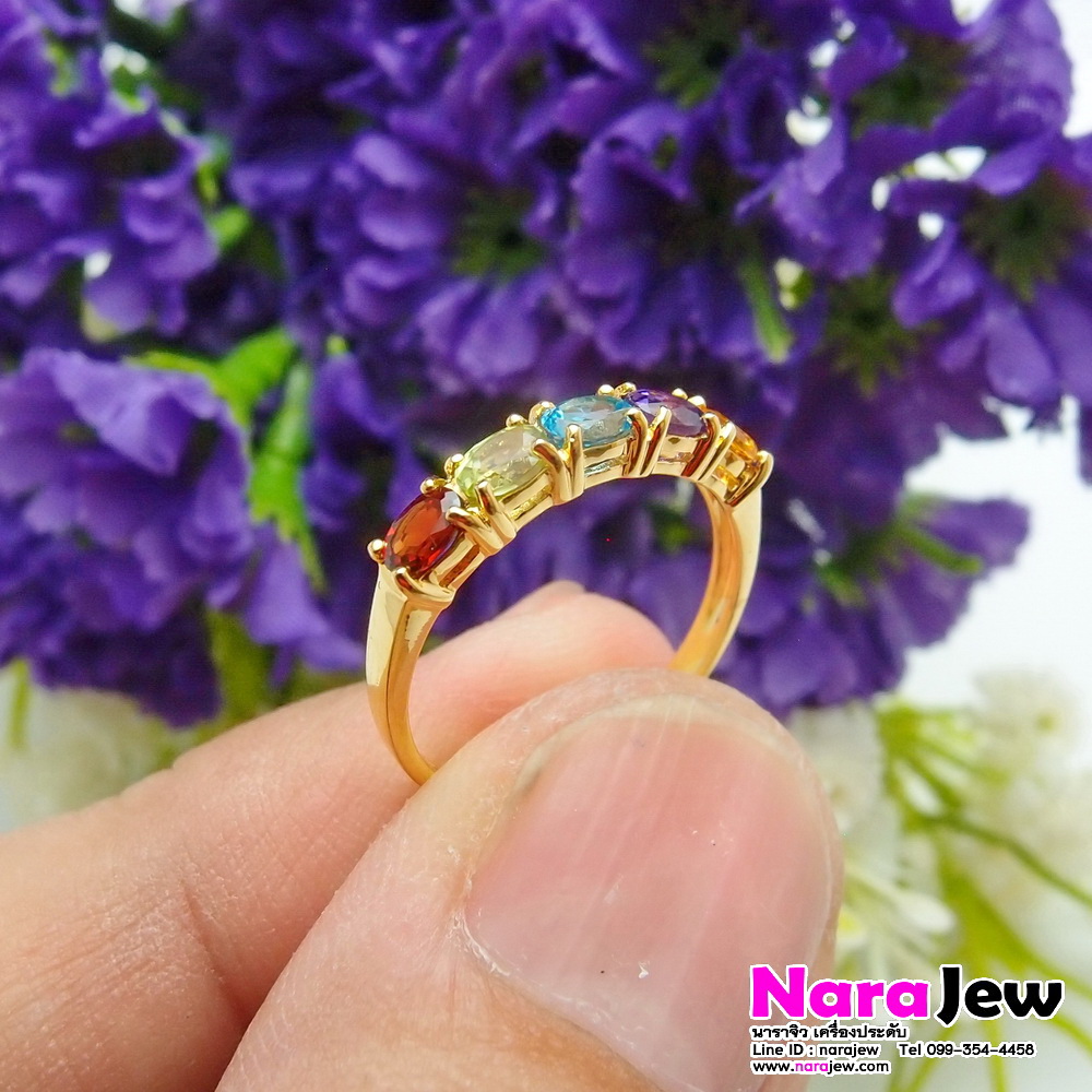 แหวนพลอยแท้ 5 สี สีสันสดใส ใส่แล้วโดดเด่น ดูมีสไตล์ สวยสะดุดตา (พลอยเจียระไนรูปไข่ทรงรี)