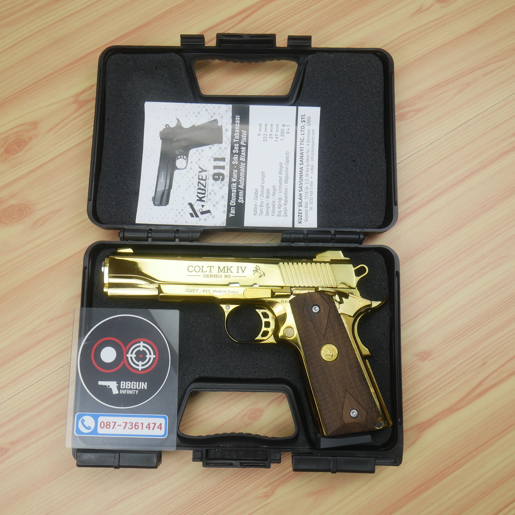 แบลงค์กัน KUZEY M1911 Colt MK IV 80 สีทอง ลำกล้อง 5 นิ้ว blank gun ด้ามไม้
