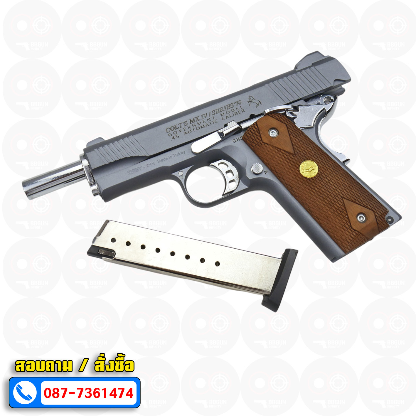 แบลงค์กัน KUZEY M1911 ลำ 5 นิ้ว COLT'S MK IV SERIES'70 blank gun สีสโม๊ค (smoke) ด้ามไม้