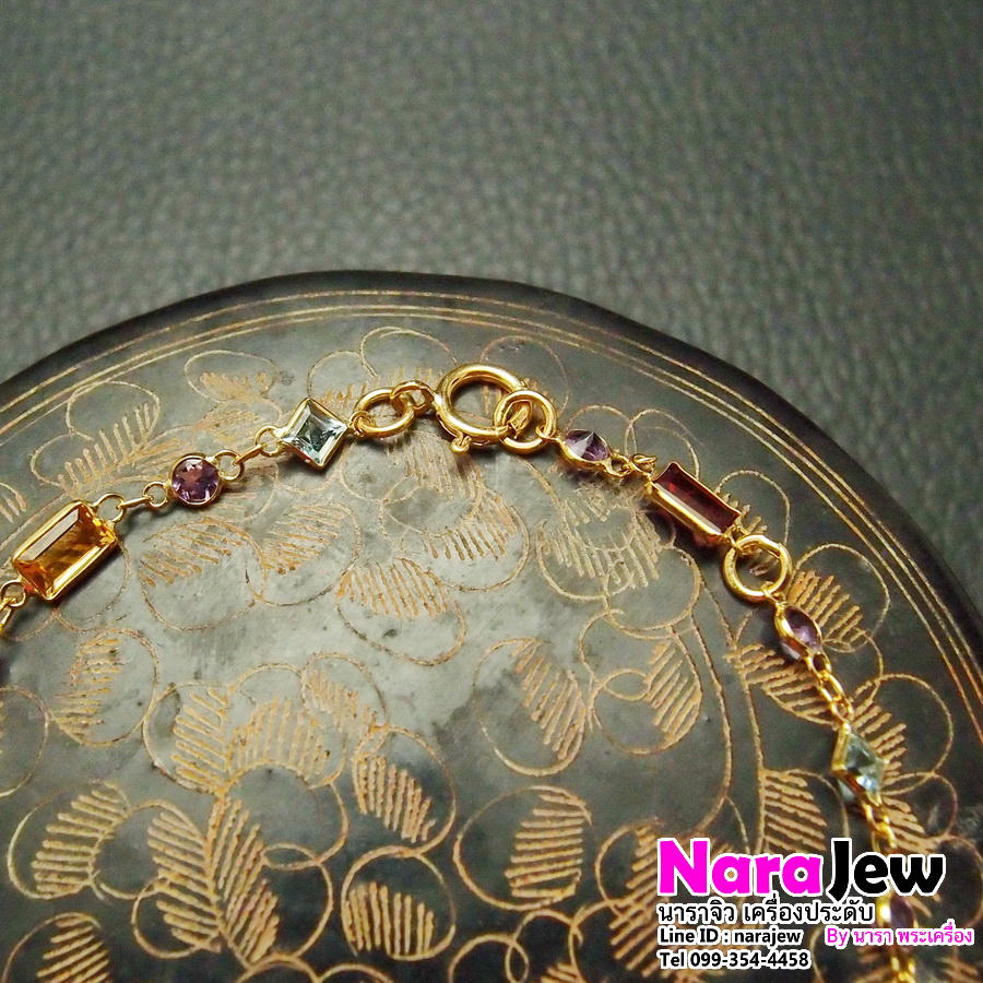 สร้อยข้อมือ ประดับพลอยแท้ 5 สี พลอยเจียระไน ทรงเอเมอรัลด์คัต (Emeral cuts) คั่นพลอยเจียระไนแฟนซีสไตล์