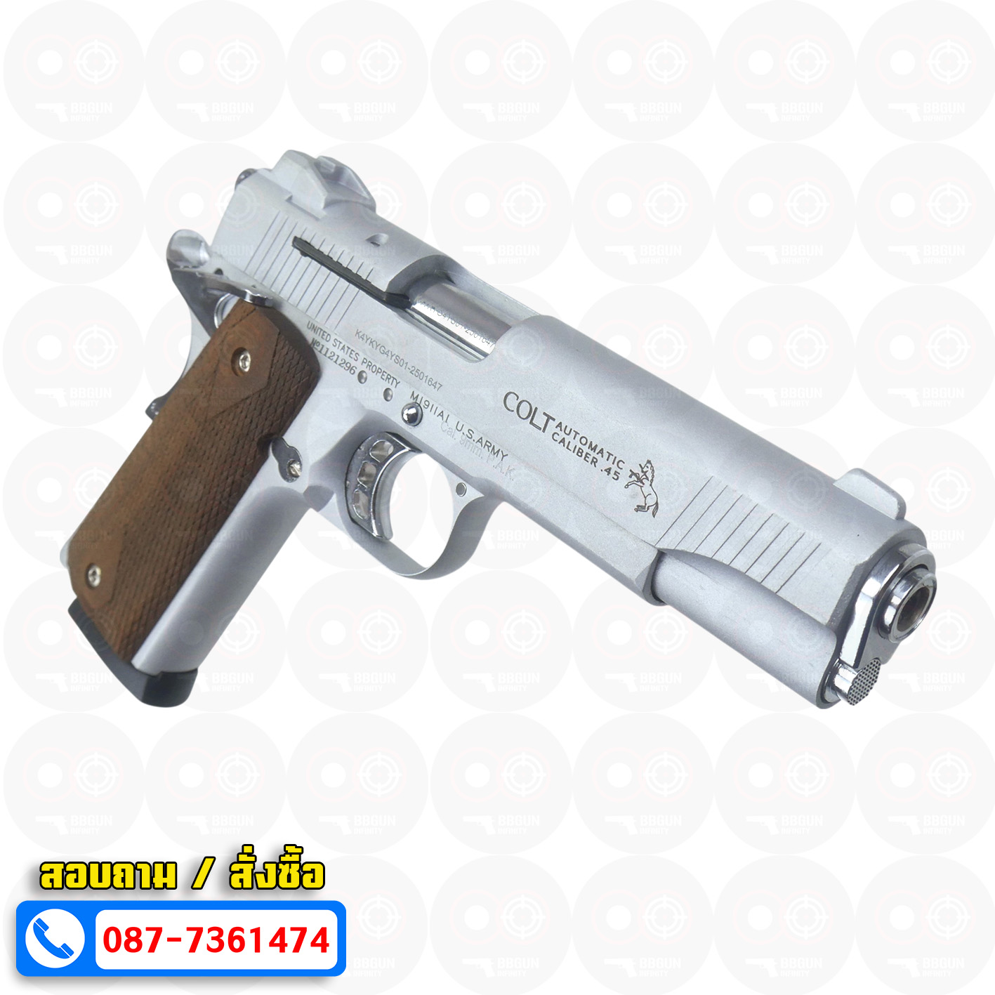 แบลงค์กัน KUZEY M1911 COLT MK IV SR70 สีเงินด้าน 5 นิ้ว ด้ามไม้ blank gun