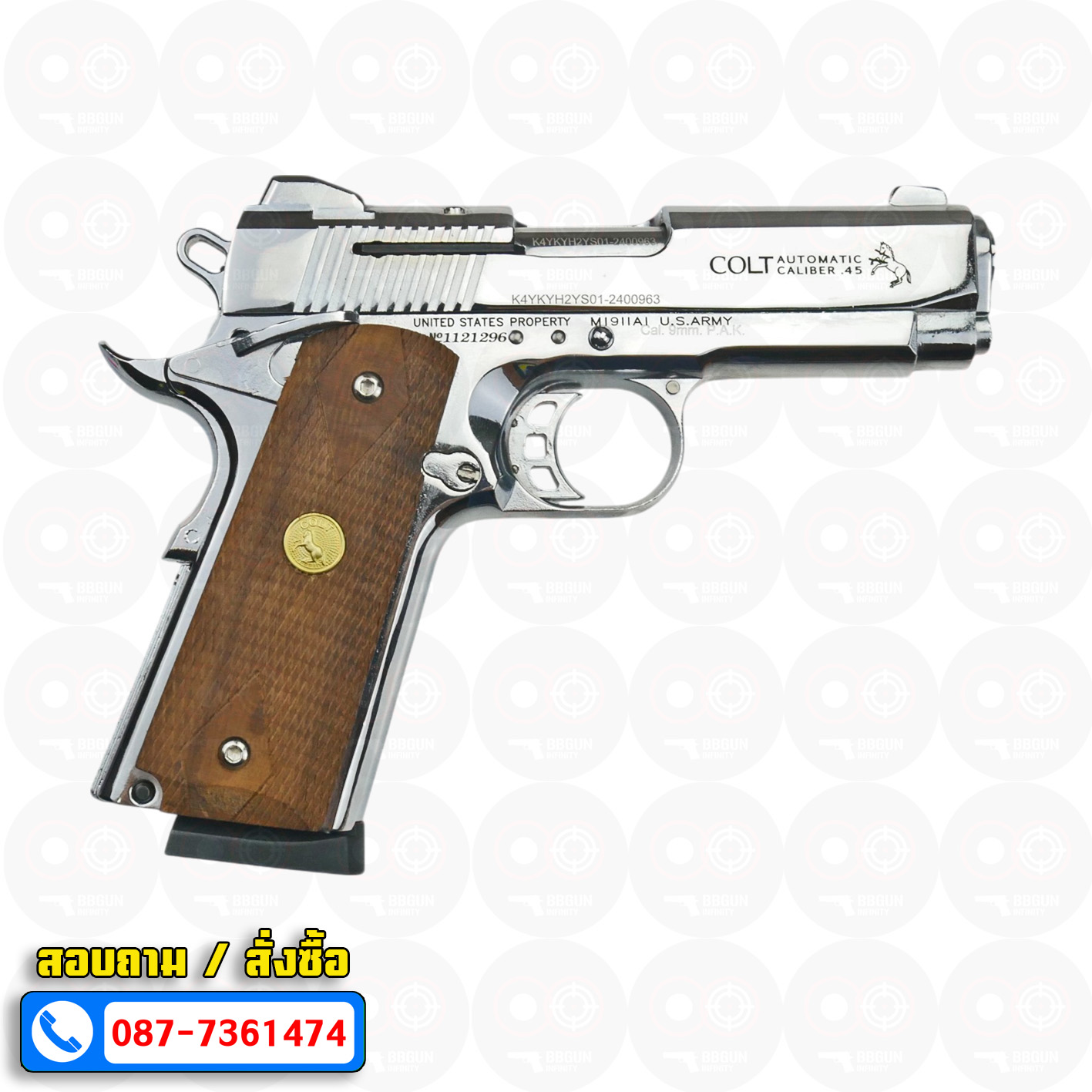 Blank Gun KUZEY M1911 COLT MK IV SERIES 80 ลำกล้อง 4 นิ้ว เงินเงา แบลงค์กัน ด้ามไม้ (แถมกล่องใส่ปืน)
