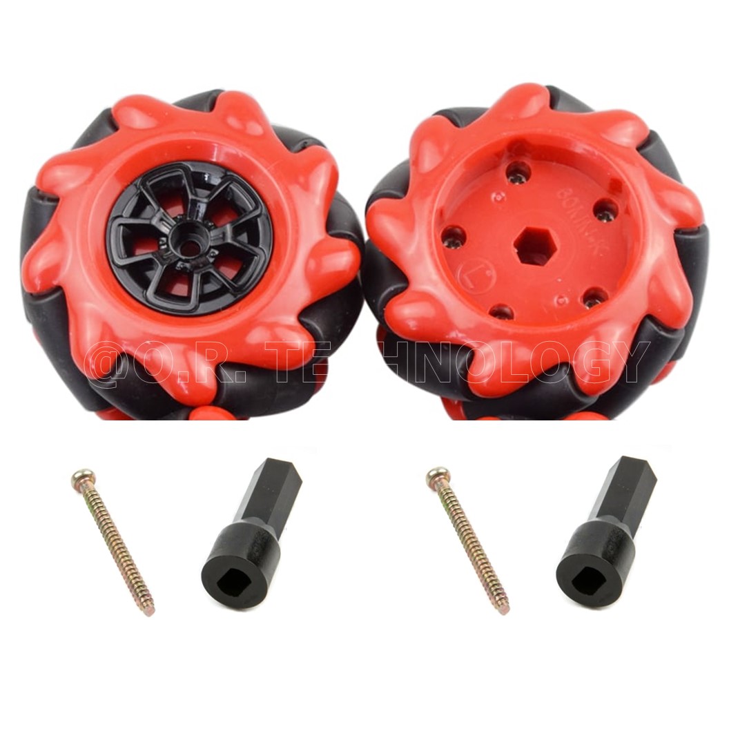(1ชุด มี 2ล้อ-ซ้าย,ขวา) AD147+ZA311 ชุดล้อ แมคคานัม ล้อหมุนรอบทิศทาง ขนาด 60MM-K สีแดง (พร้อมแกนล้อ ขนาด 6.7mm) Red Mecanum Wheel 60MM-K with 6.7mm couplings