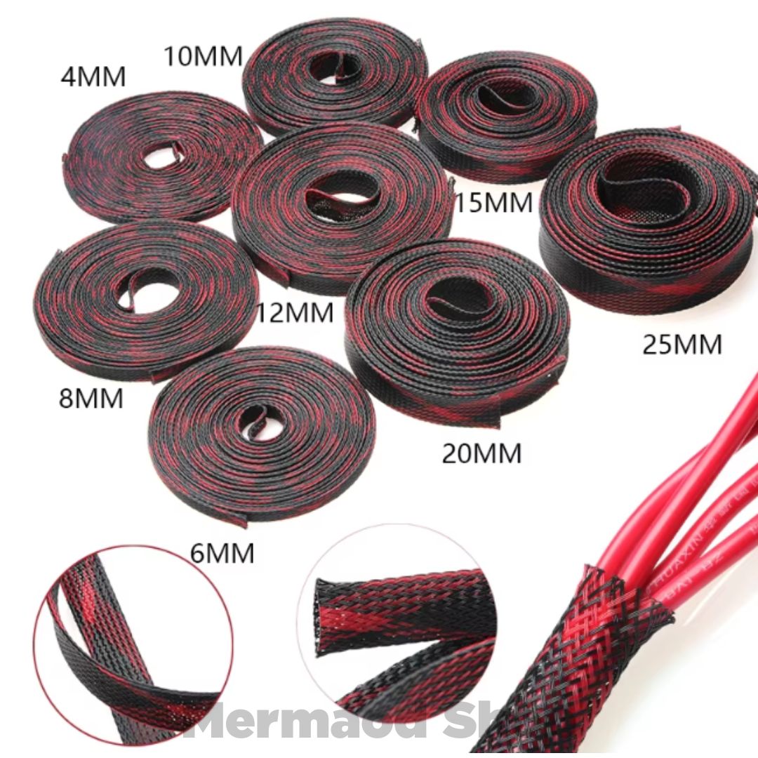 สายถักหุ้มสายไฟ 4-14 มม. ดำแดง (1เมตร) ตัดความยาวตลอด [มีของพร้อมส่ง]