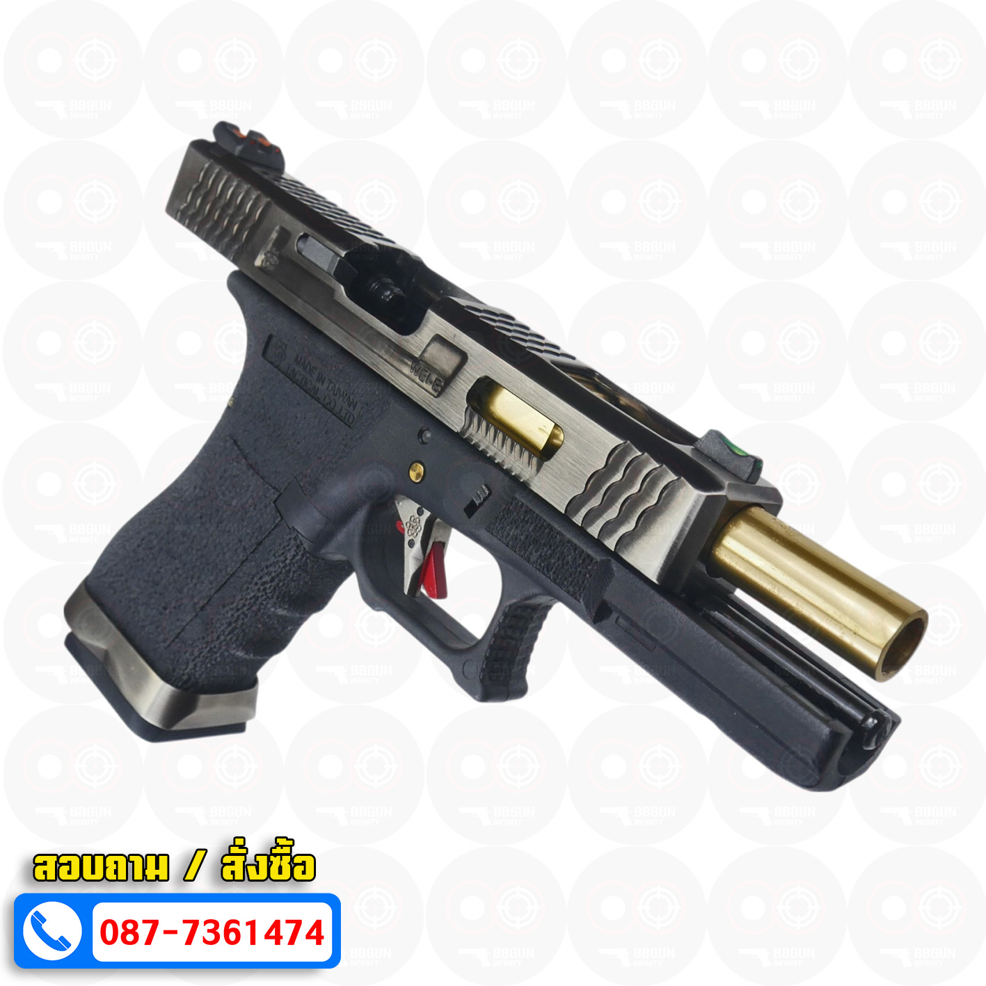 บีบีกันอัดแก๊ส WE Glock 18 G-Force T3 เฟรมดำ สไลด์เงิน ท่อทอง BB GUN