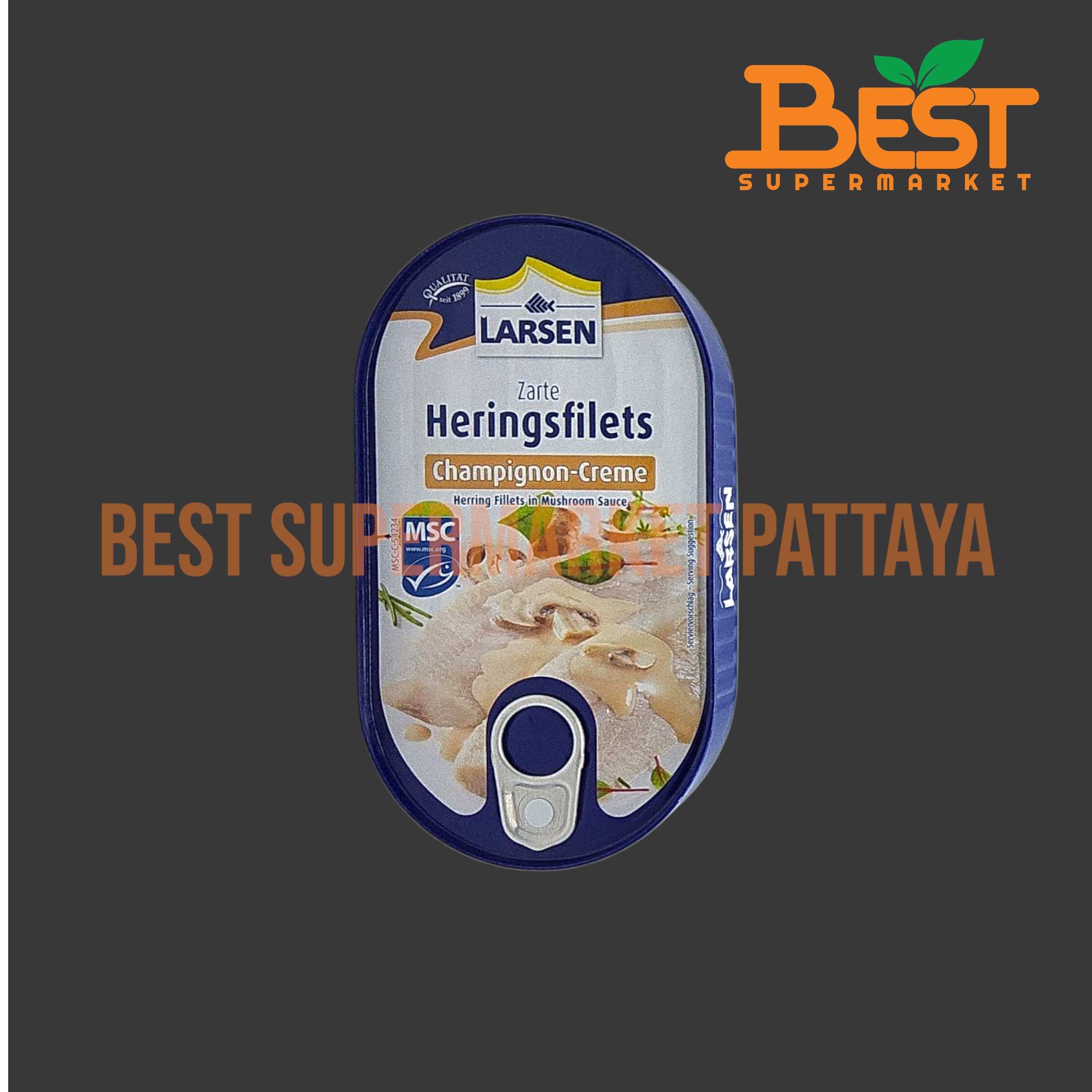 ลาร์เซ่น ปลาเฮอริ่งในซอสผสมเห็ดแชมปิญอง 200 กรัม.Larsen Zarte Heringsfilets in Champignon-Creme 200 g.