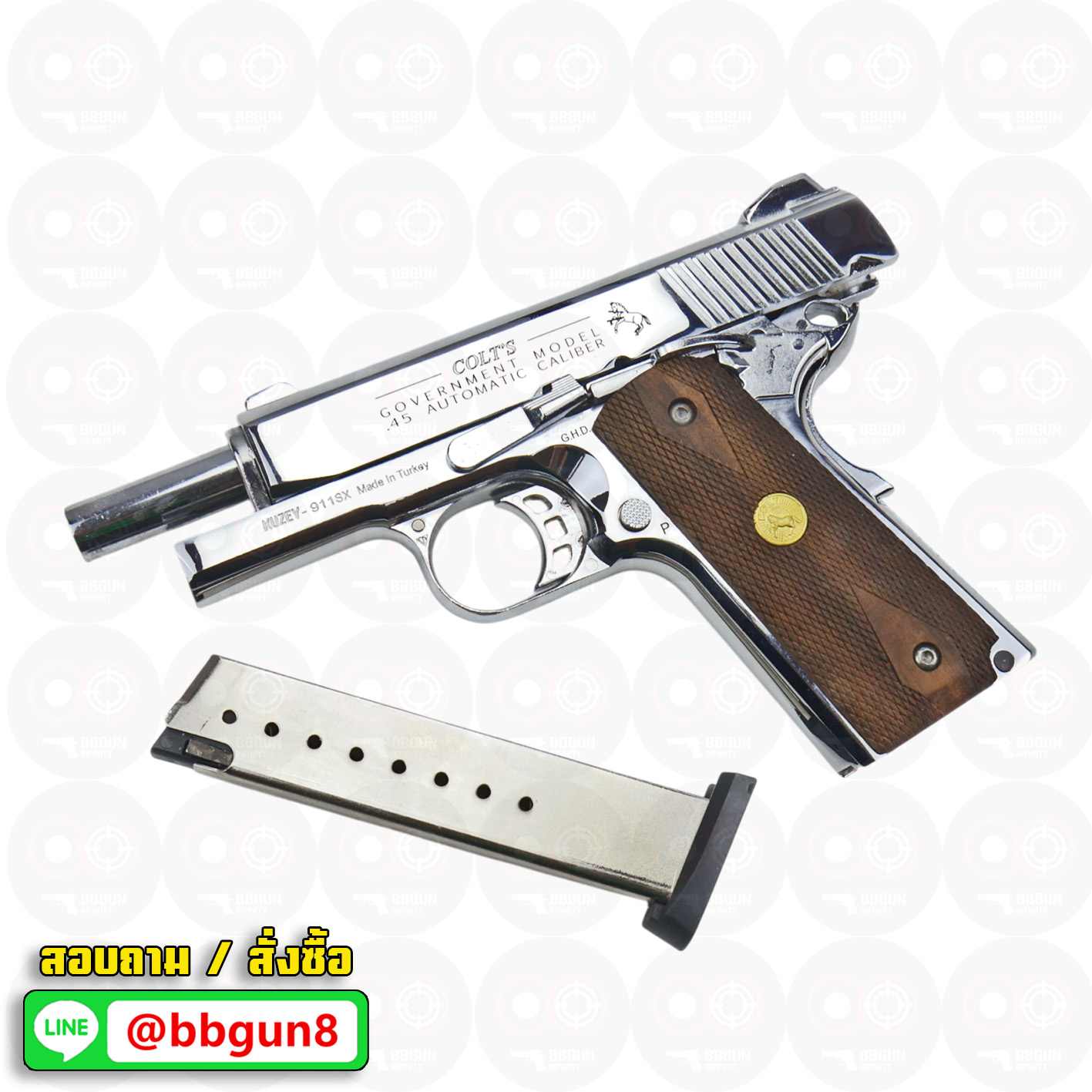 Blank Gun KUZEY M1911 Colt Government 100 Years ลํากล้อง 4 นิ้ว เงินเงา แบลงค์กัน ด้ามไม้ (แถมกล่องใส่ปืน)
