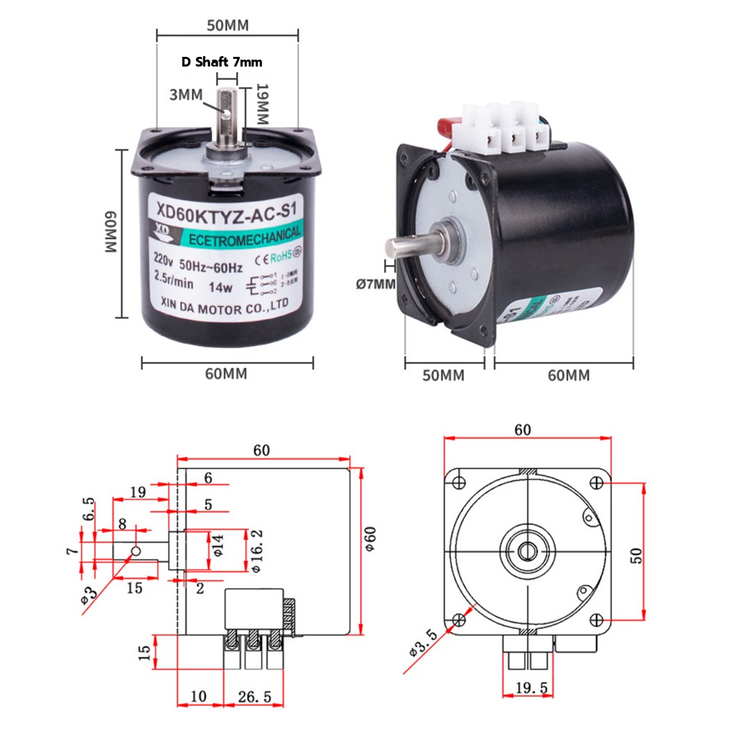 XD60KTYZ 2.5RPM-110RPM AC 220V ซิงโครนัสมอเตอร์ มอเตอร์เกียร์ 14W Synchronous Motor AC 60KTYZ Gear Reduction มอเตอร์แม่เหล็กไฟฟ้าถาวร Permanent Magnet Motor มอเตอร์รอบช้า รอบต่ำ