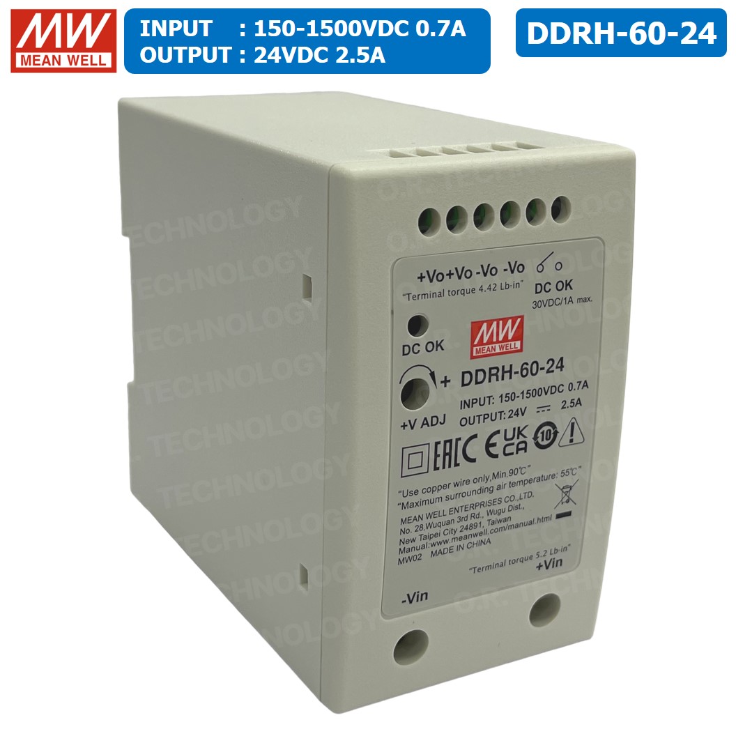 (1ชิ้น) MEAN WELL DDRH-60-24 24VDC 60W Ultra Wide Input DIN Rail Type DC-DC Converter (Input 150-1500V, Output 24V 2.5A) ตัวลดแรงดันไฟฟ้า ตัวแปลงแรงดันไฟฟ้า