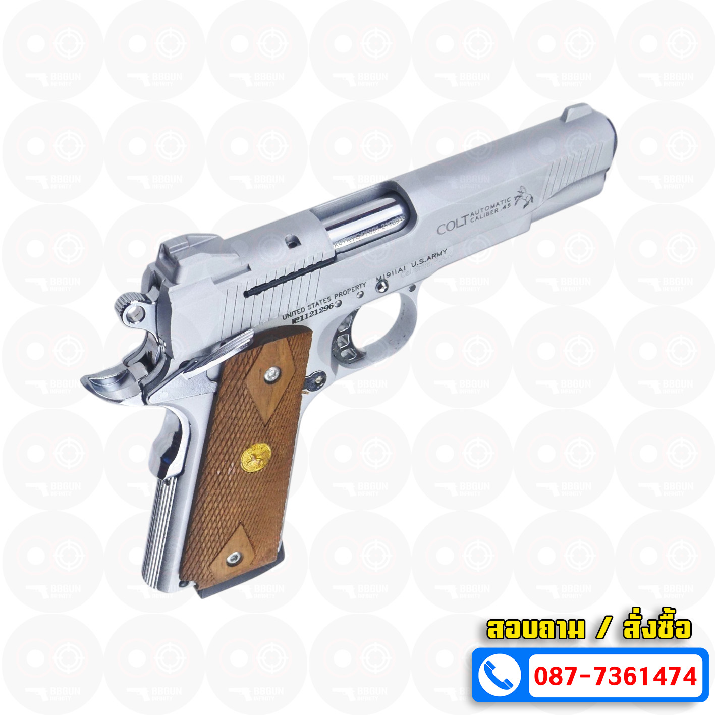 แบลงค์กัน KUZEY M1911 COLT MK IV SR70 สีเงินด้าน 5 นิ้ว ด้ามไม้ (แถมกล่องใส่ปืน) blank gun