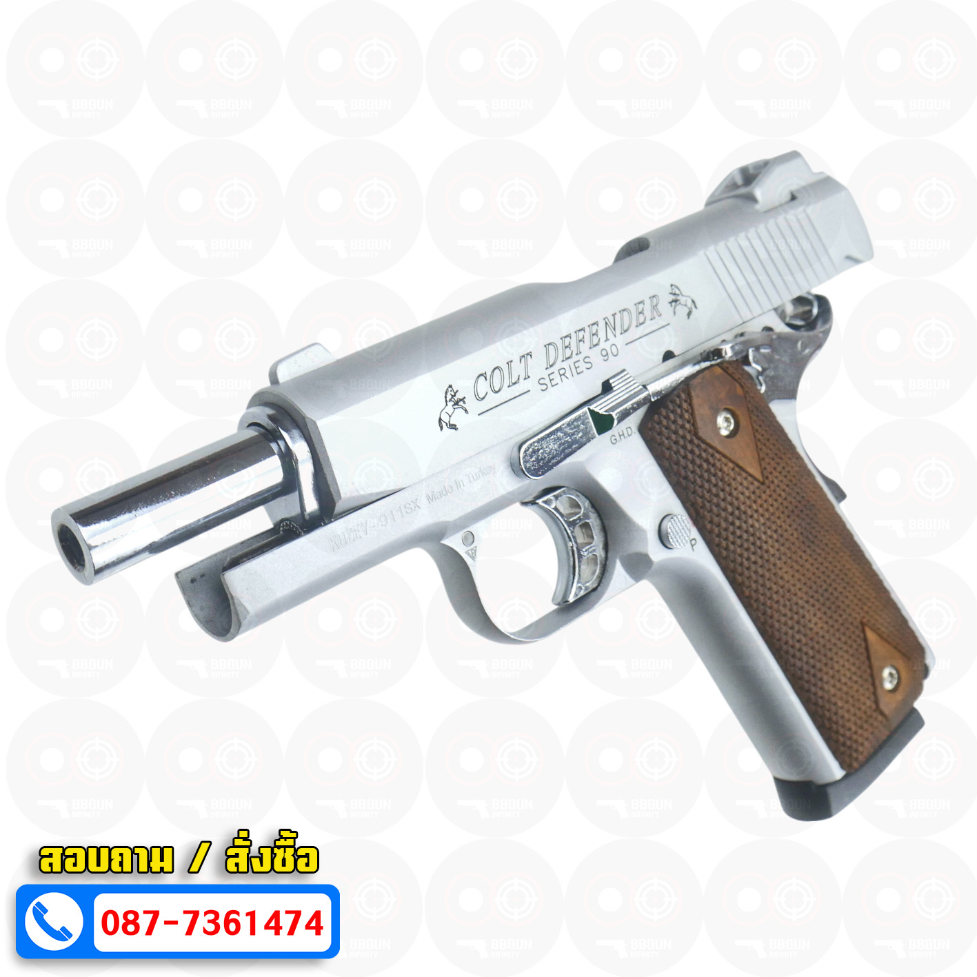 แบลงค์กัน KUZEY M1911 COLT'S DEFENDER SERIES 90 สีเงินด้าน 4 นิ้ว ด้ามไม้ Blank Gun