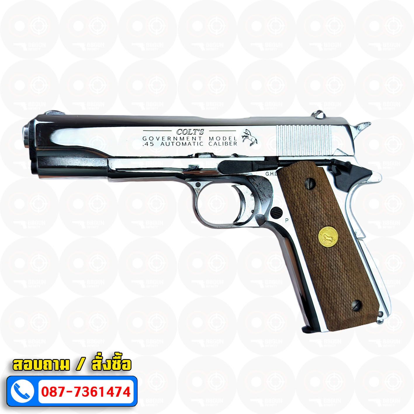 แบลงค์กัน AKSA Colt's Government Model .45 Automatic Caliber 100 Years สีเงินเงา กริปไม้ (2 แม็กกาซีน) BLANK GUN