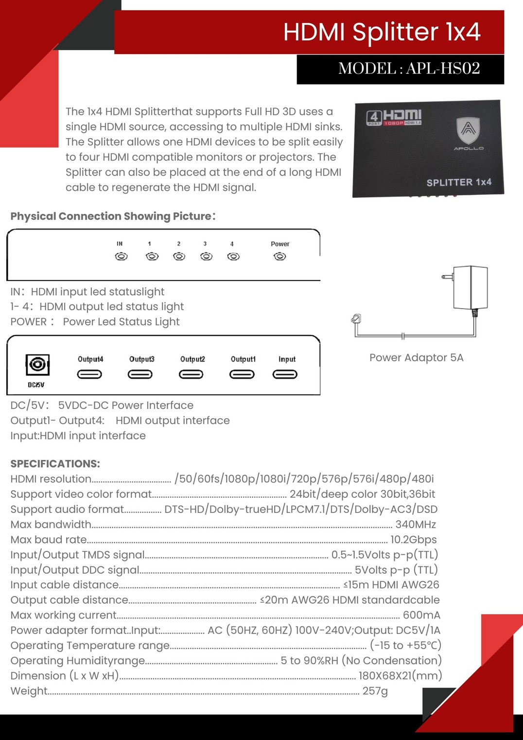 Apollo Splitter HDMI 1 OUT 4 เครื่องแยกสัญญาณ HDMI เข้า 1 ออก4 Full HD