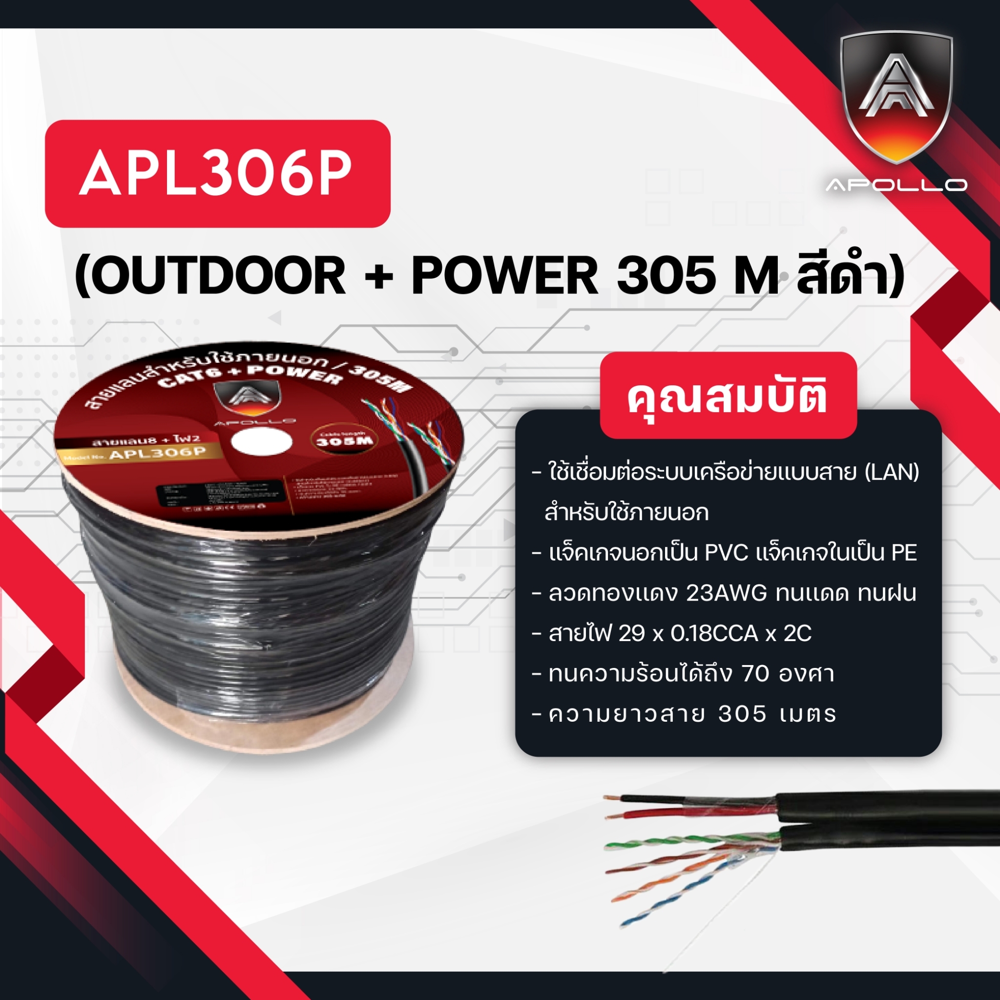 Apollo สายLAN CAT6 UTP รุ่น APL306P Lan+Power line 305m.