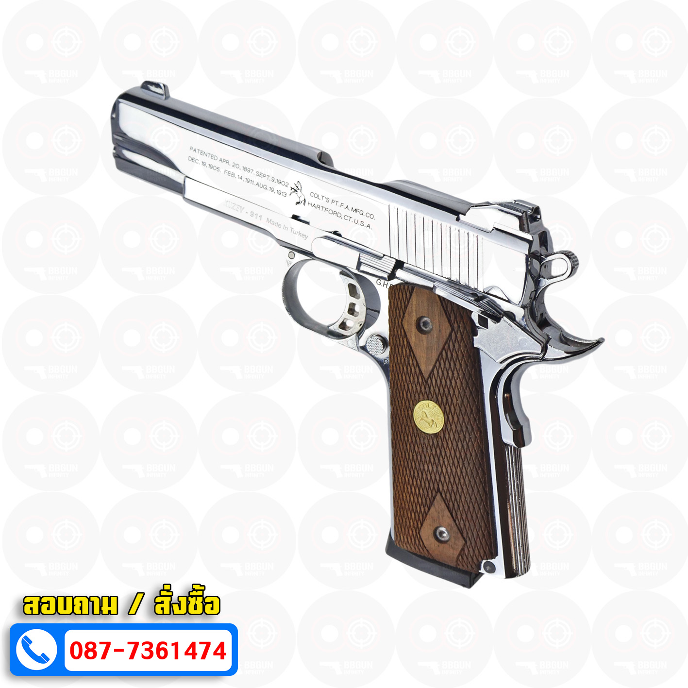 แบลงค์กัน KUZEY M1911 COLT'S 100 ปี สีเงินเงา ลำกกล้อง 5 นิ้ว blank gun ด้ามไม้ (แถมกล่องใส่ปืน)