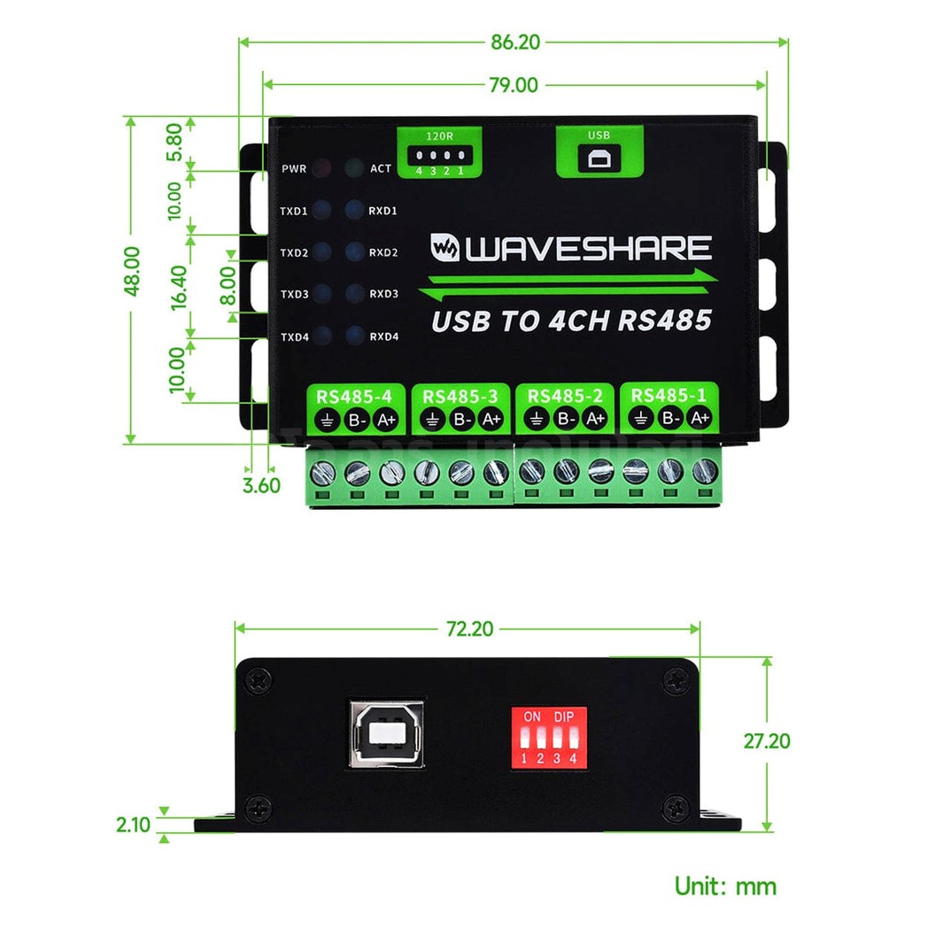 WS-001 WAVESHARE ตัวแปลงสัญญาณ Industrial USB TO 4Ch RS485 Converter, Multi Protection Circuits, Multi Systems Support, Aluminium Alloy Case