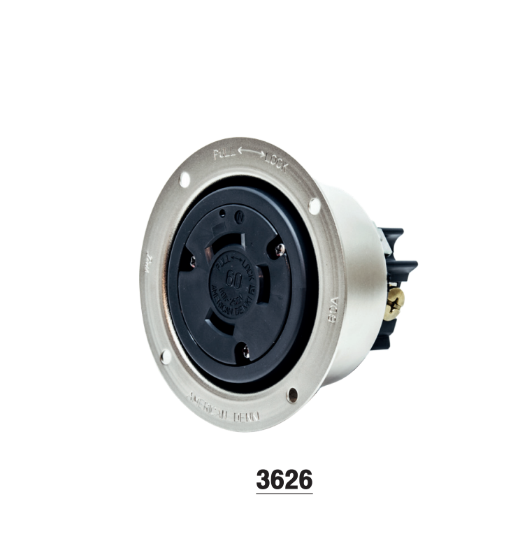AMERICAN DENKI 3626 3-Pole 3-Wire 60A 250V Flanged Receptacle