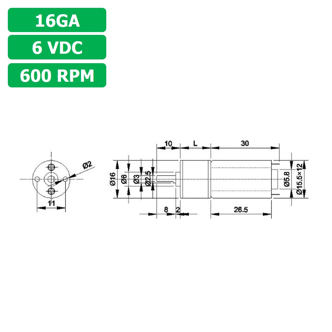 (1ชิ้น) 16GA 6VDC 600RPM มอเตอร์ มอเตอร์เกียร์ Gear Motor DC 16GA แกนขนาด 3mm D Shaft มอเตอร์ทดเฟือง มอเตอร์รถ
