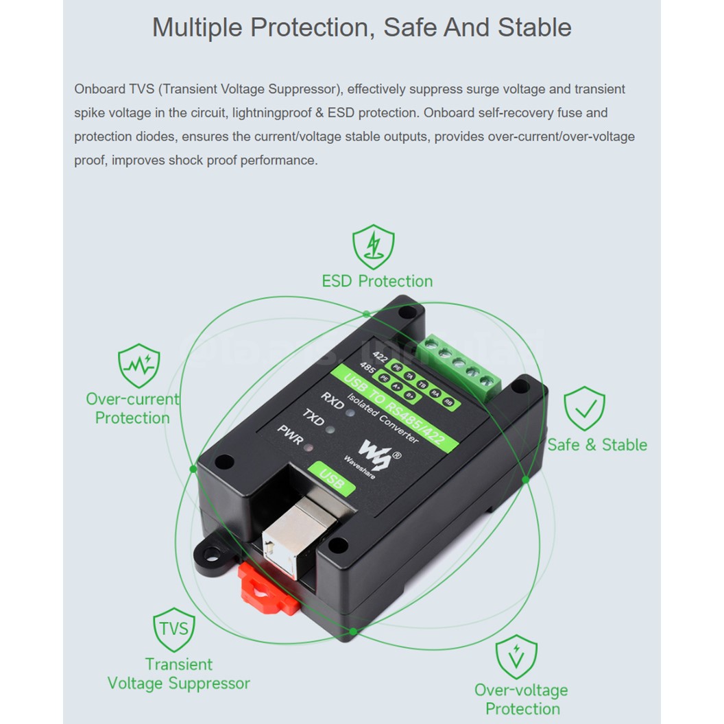 ZE104 WAVESHARE USB to RS485/422 ตัวแปลงสัญญาณ Industrial Grade Isolated Converter, Onboard Original FT232RL and SP485EEN, Multiple Protection