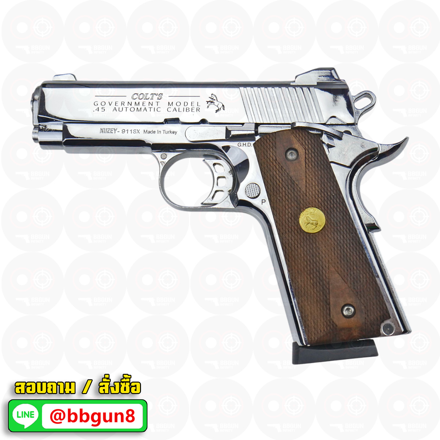 Blank Gun KUZEY M1911 Colt Government 100 Years ลํากล้อง 4 นิ้ว เงินเงา แบลงค์กัน ด้ามไม้ (แถมกล่องใส่ปืน)